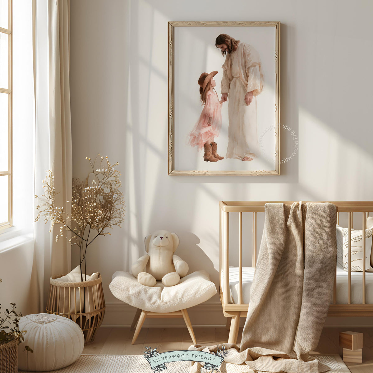 Faith-based girl and holy figure picture printable — sweet country-inspired artwork in soft neutral palette