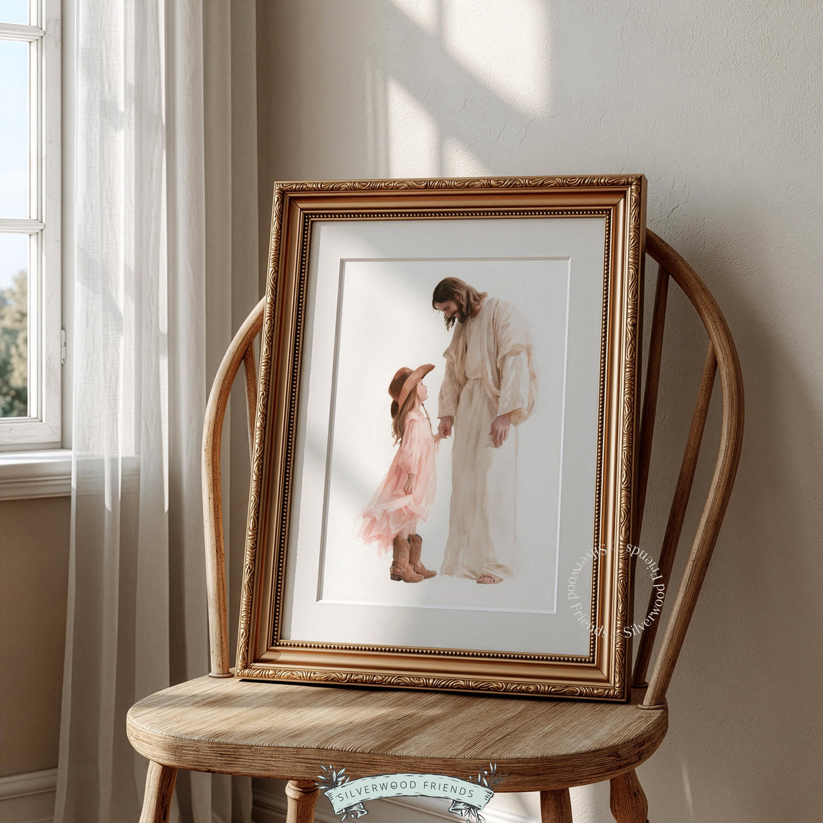 Child and divine figure wall art instant download — tender faith scene featuring western boots and pastoral mood