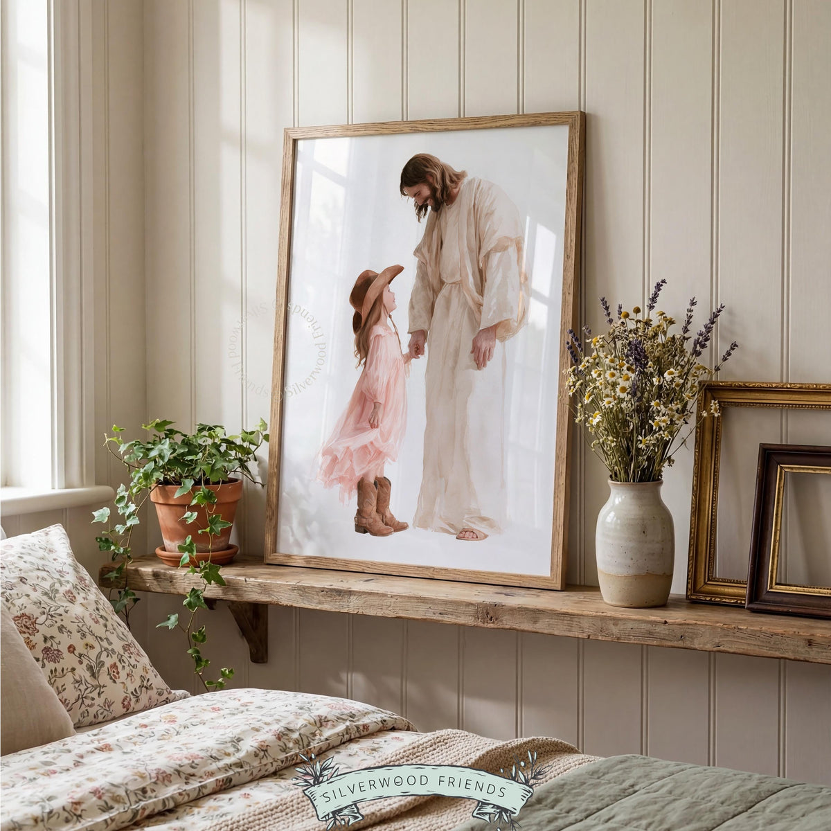Child in pink tulle and boots with spiritual guide poster for kids room — gentle watercolor painting with western charm
