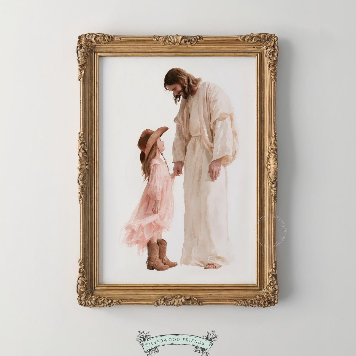 Cowgirl and spiritual guide poster instant download — warm, gentle hand-holding moment in soft painted aesthetic