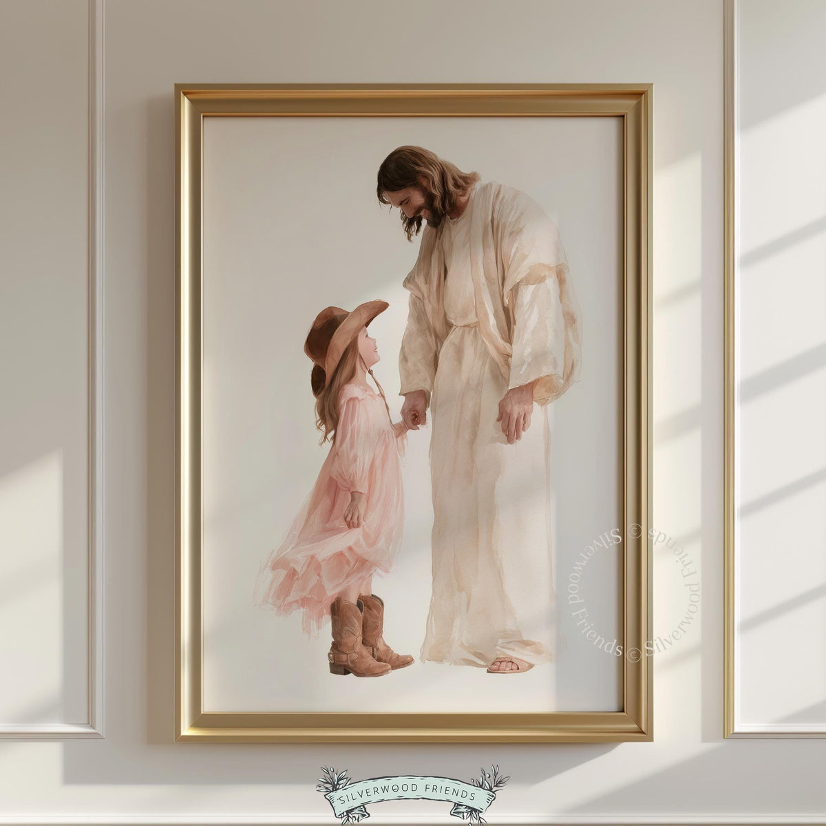 Cowgirl holding hands spiritual art poster for ranch bedroom — light, airy painted scene in peaceful tones