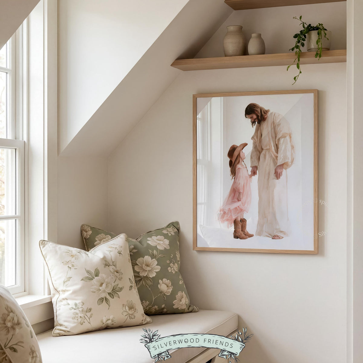 Religious figure and young cowgirl poster printable art — sweet pastoral moment with soft, dreamy watercolor finish