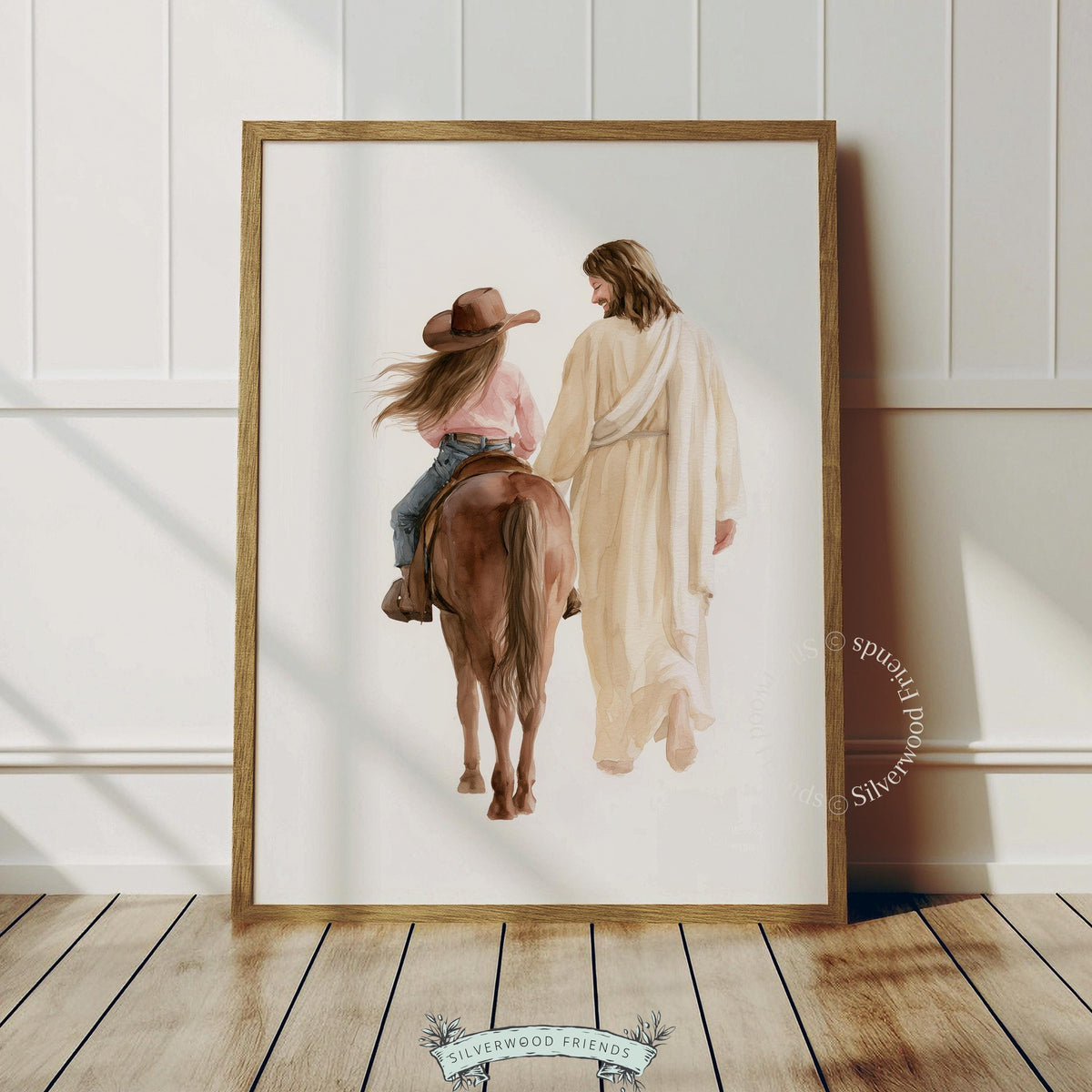 Cowgirl horse and spiritual figure digital download for faith-based decor — tender cream and brown palette