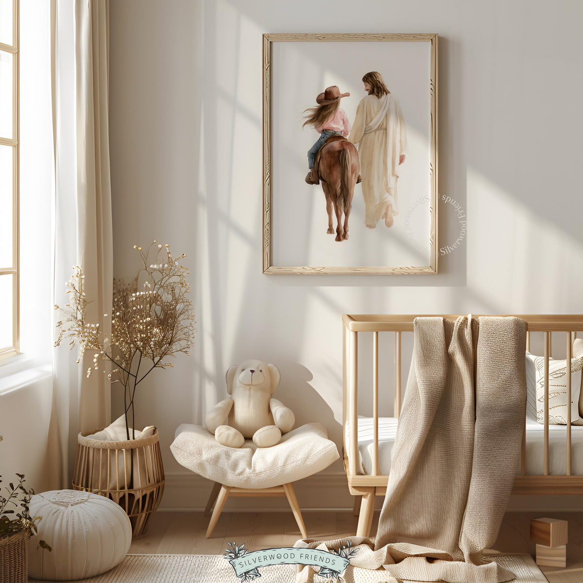 Spiritual companion and cowgirl artwork digital download for Christian kids room — gentle watercolor scene