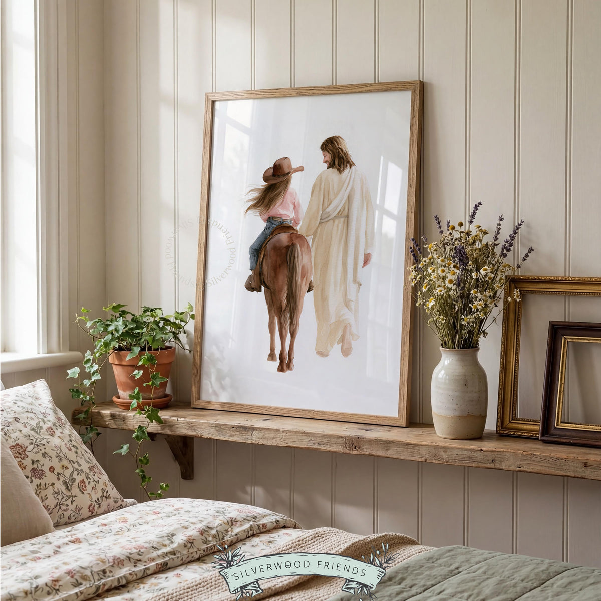 Brown horse pastoral print for faith-based bedroom — watercolor cowgirl and robed figure in cream tones