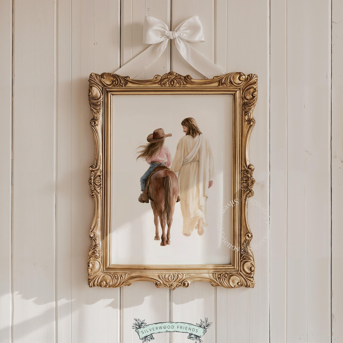 Cowgirl and angel figure wall art printable for Jesus-themed room — gentle watercolor spiritual journey