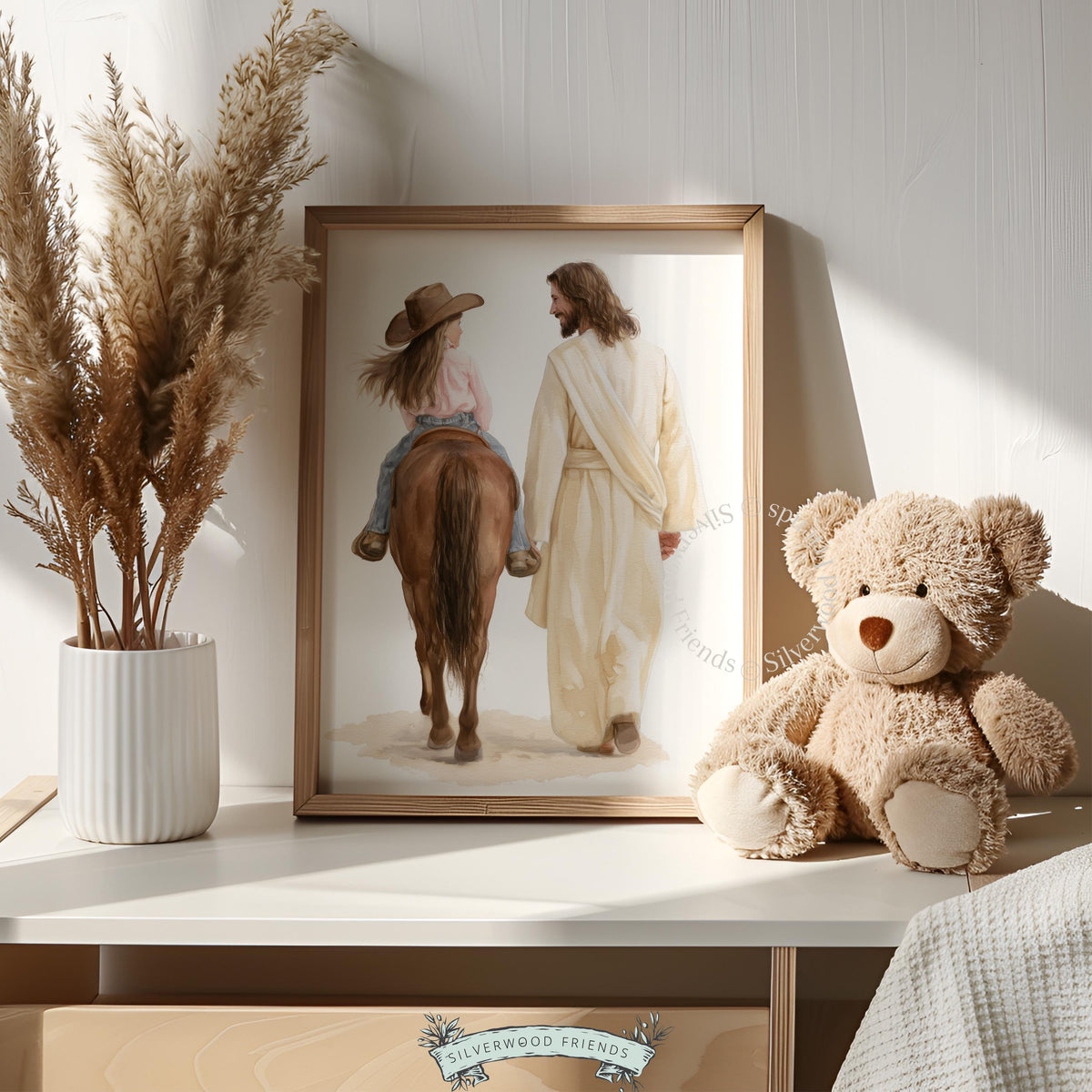 Child on chestnut horse with spiritual guide picture for kids room — comforting western religious artwork in soft tones