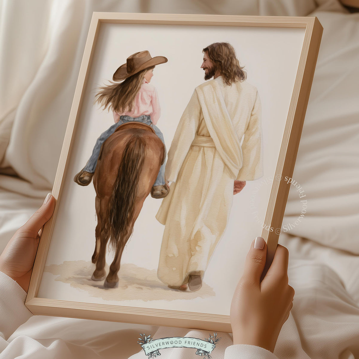 Young child on horse beside spiritual companion picture for bedroom — calming faith-inspired western wall decor with neutral palette