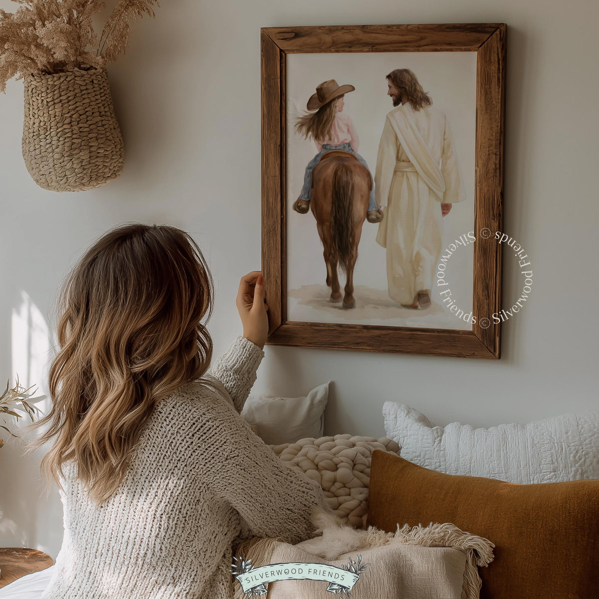 Child horseback rider with holy guide digital art for ranch-themed room — peaceful inspirational wall print with airy background