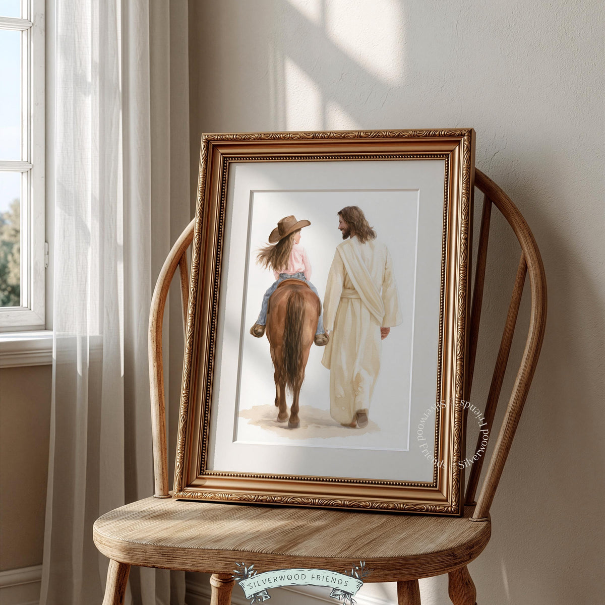 Girl on chestnut horse walking with holy figure poster for kids room — inspirational ranch-themed artwork with gentle brushwork