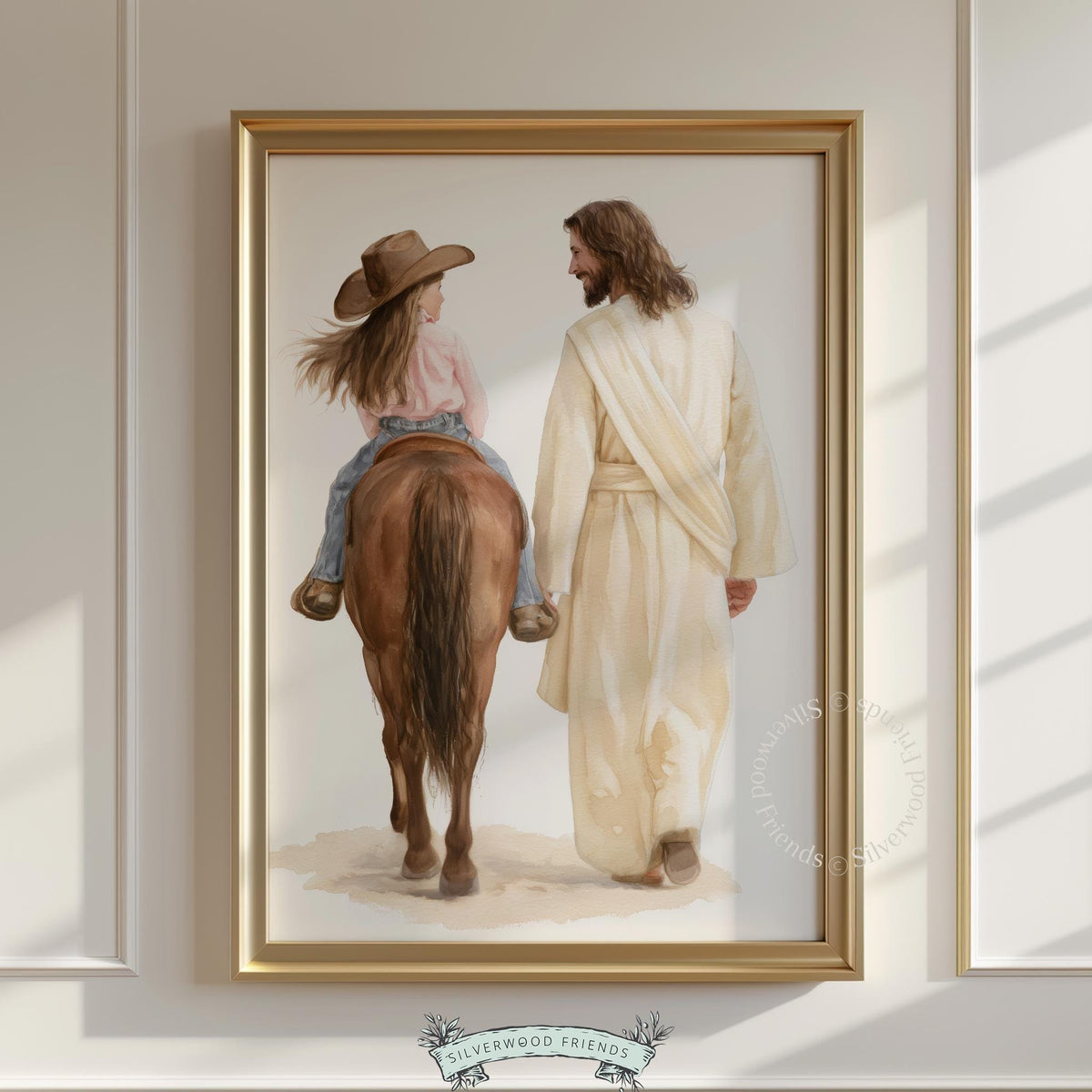 Girl on horse beside religious companion artwork printable for nursery — tranquil faith-centered ranch decor with soft colors