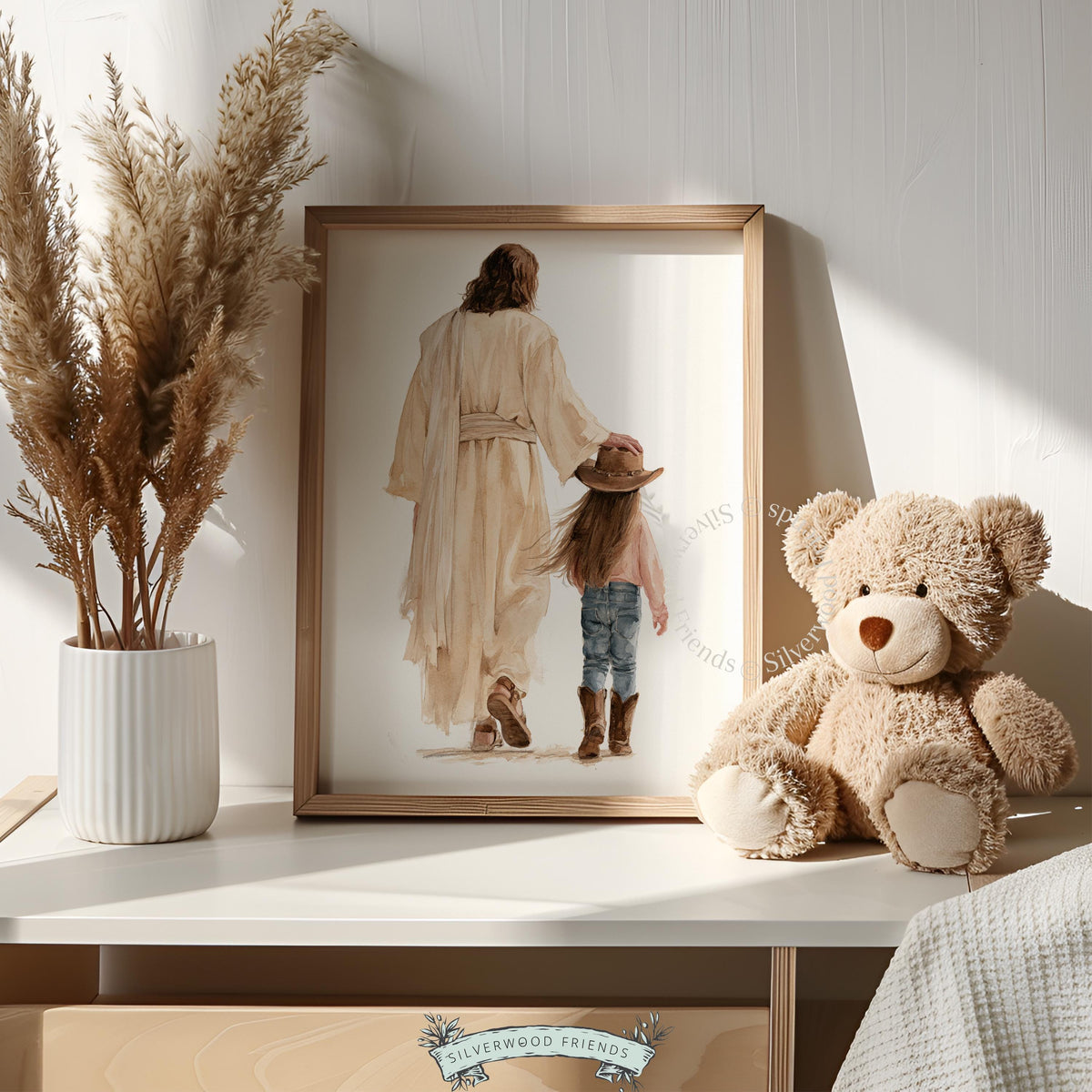 Guided by faith wall picture for country nursery — Jesus and young child in cowboy attire, warm illustration