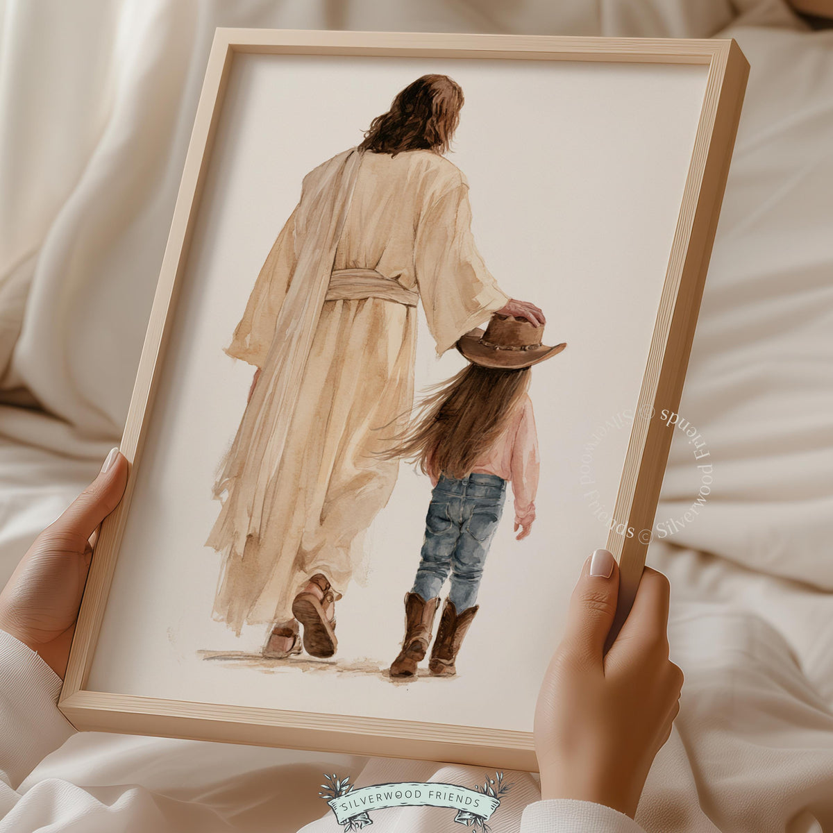 Jesus walking with child in western wear wall print for faith nursery — soft, comforting illustration
