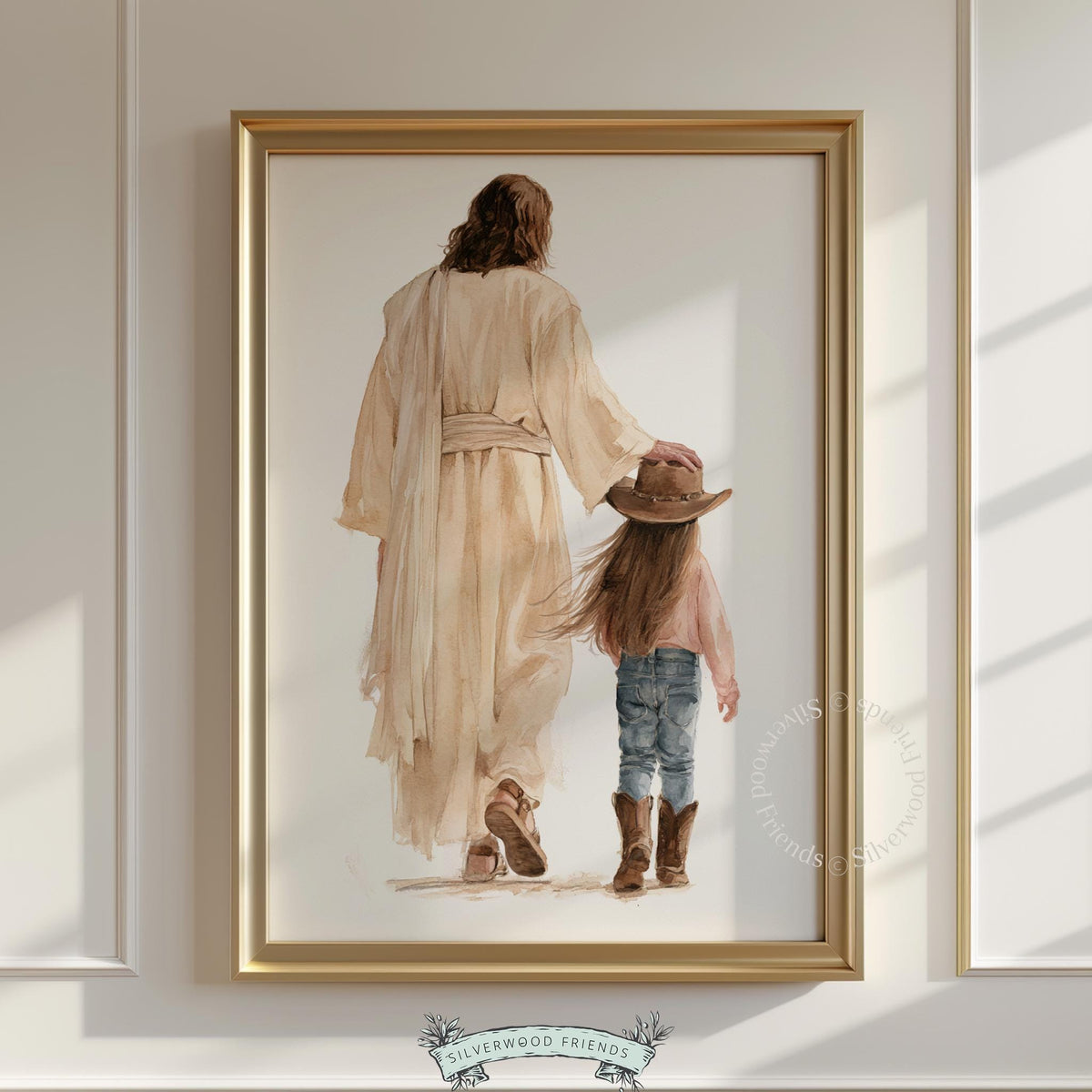 Christian wall decor featuring girl in boots with Jesus — emotional faith-based printable for kids' bedroom