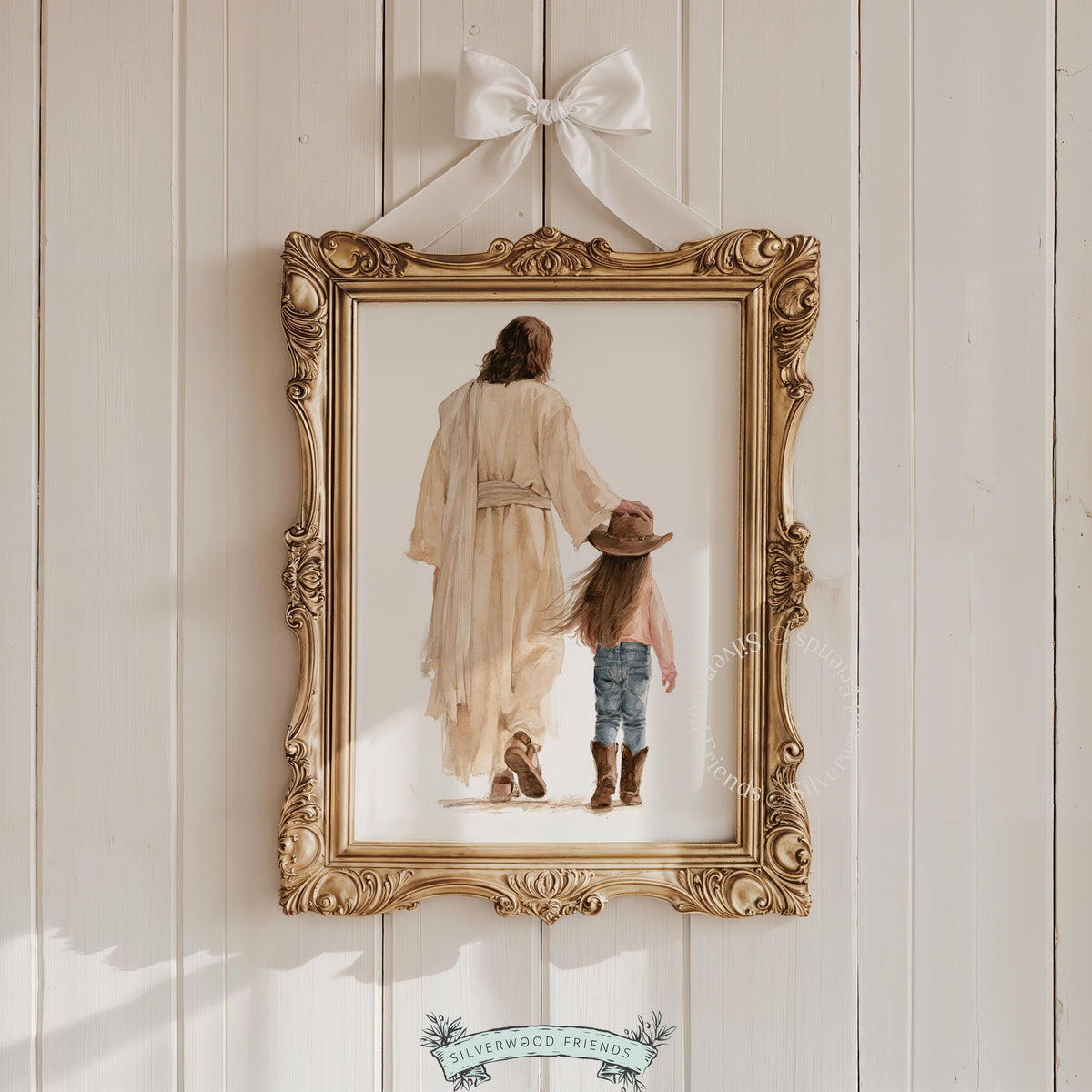 Faith-inspired wall artwork showing girl and Jesus figure — country aesthetic printable for Christian spaces