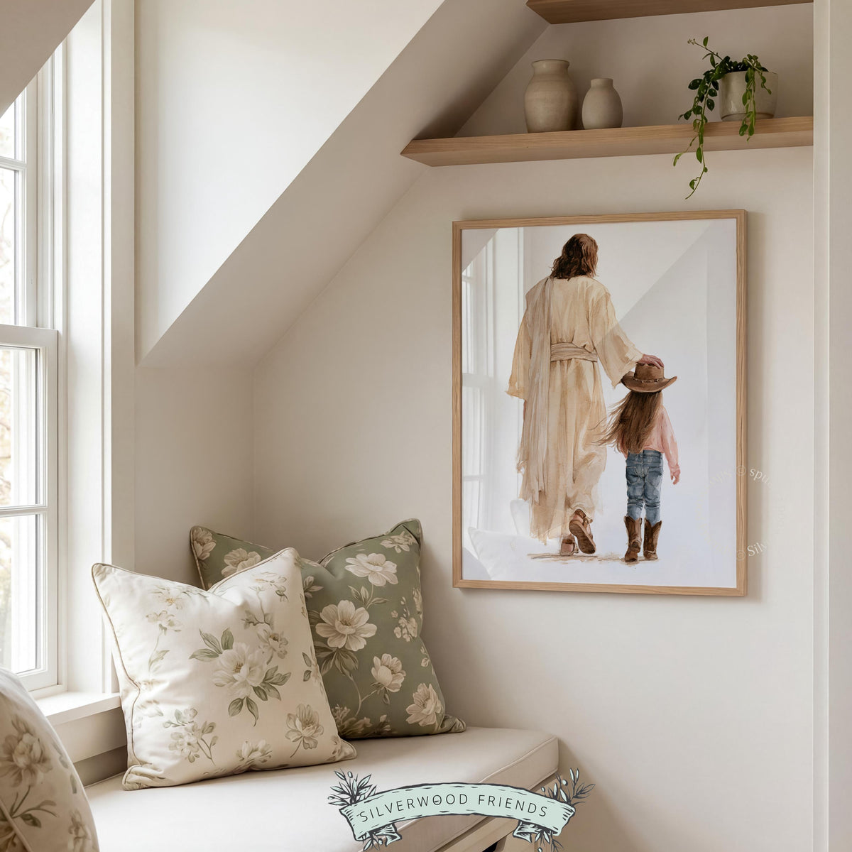 Religious protection theme poster for western nursery — child and Jesus figure hand-in-hand from rear view, watercolor style