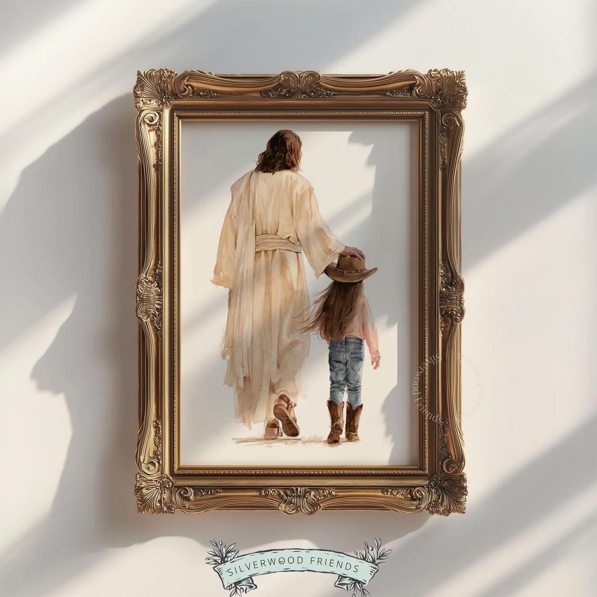 Guidance and love picture for cowgirl nursery — spiritual figure and young child from behind, neutral watercolor