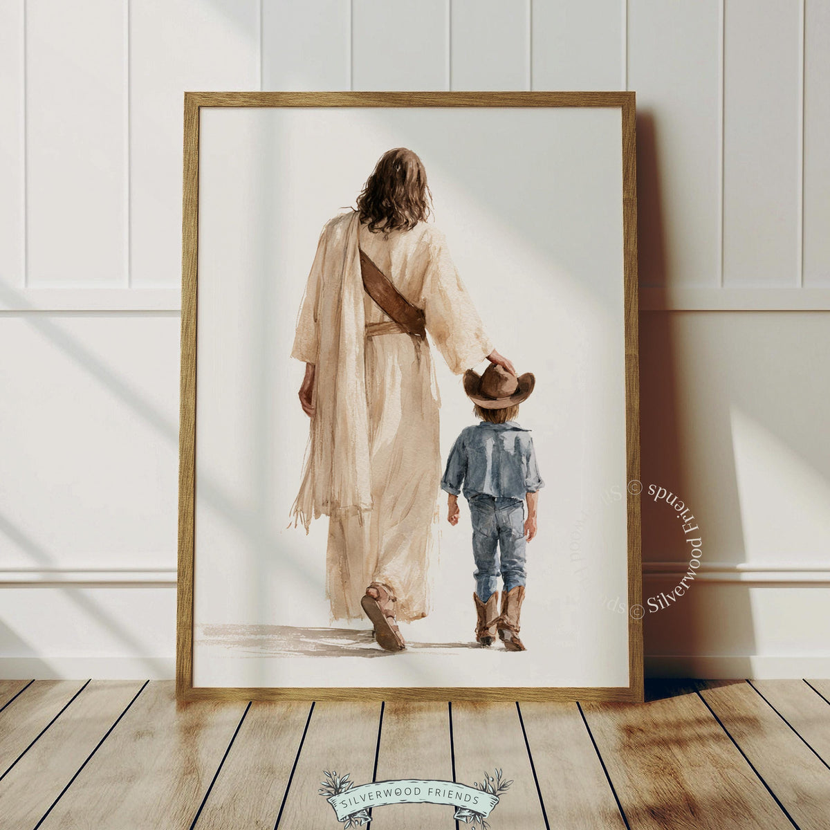 Watercolor spiritual companion instant download for boy's bedroom — tender scene with western-dressed young child