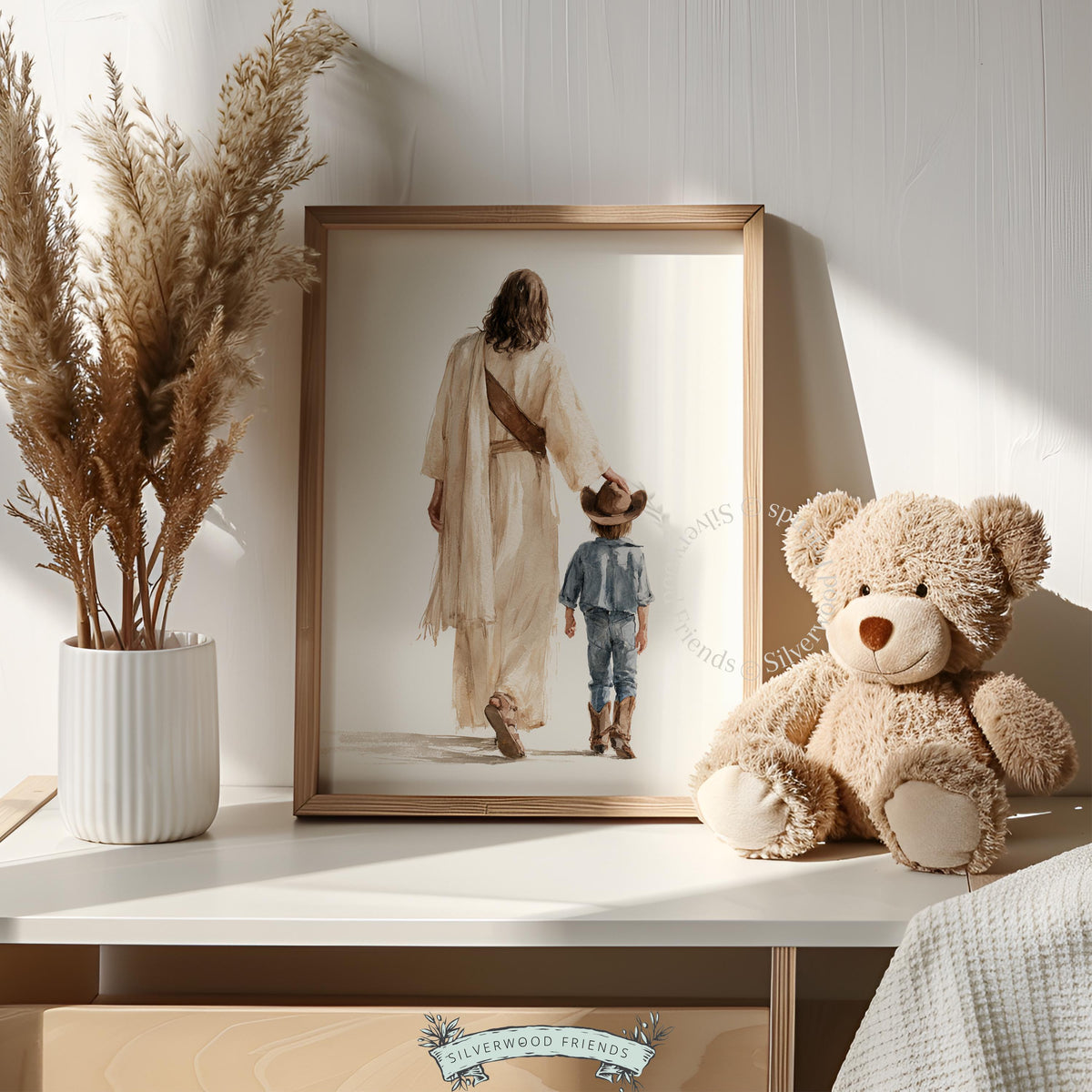Child in denim and boots poster for kids room — watercolor illustration of faith-inspired companionship and comfort
