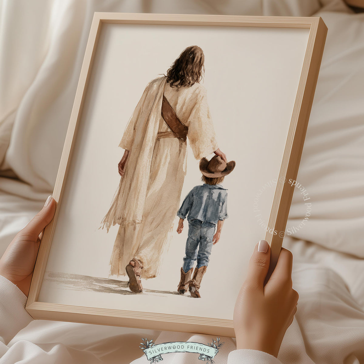 Spiritual comfort wall print for Christian kids room — peaceful watercolor with cream tones and tender interaction