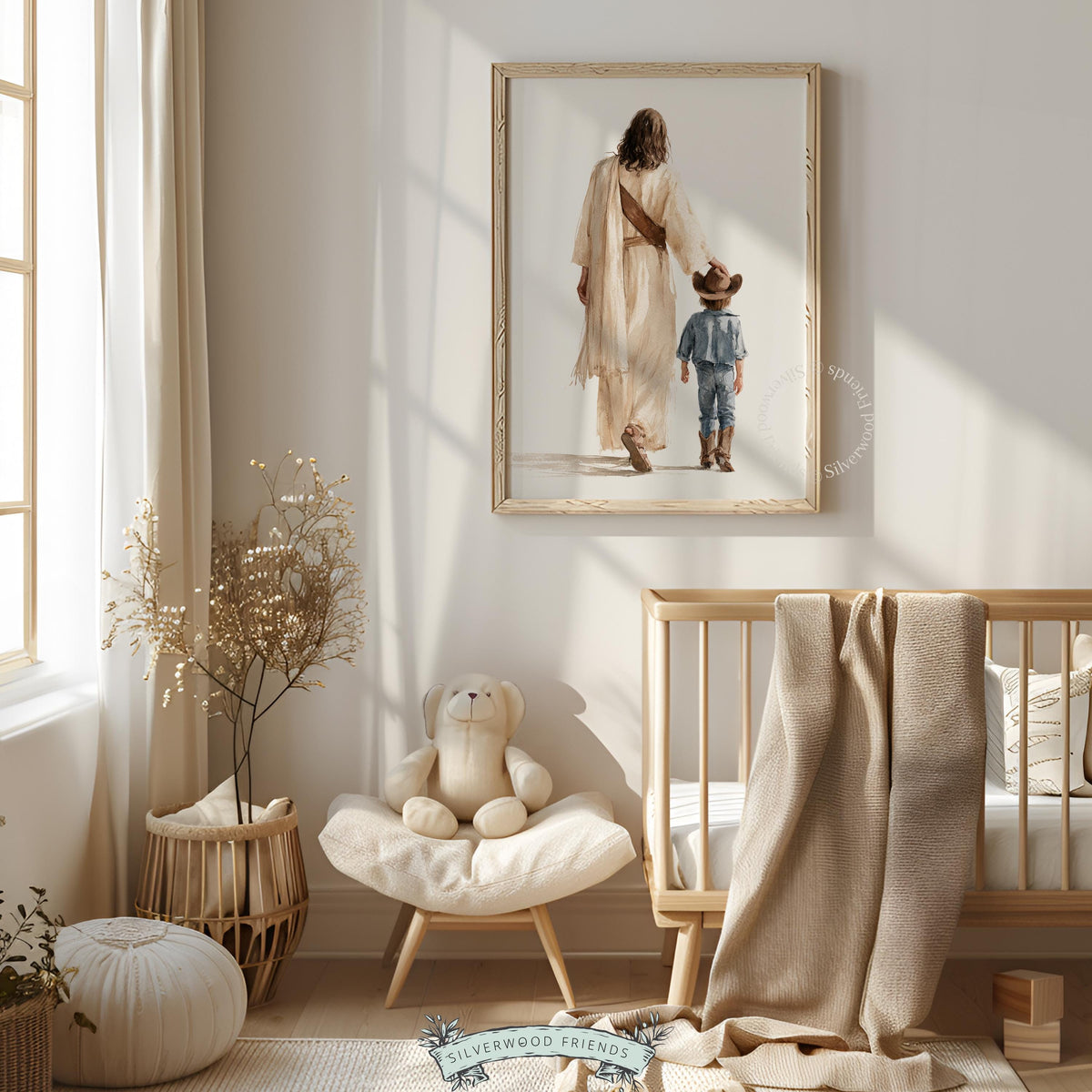 Child walking with spiritual mentor poster for farmhouse bedroom — gentle watercolor illustration with country warmth