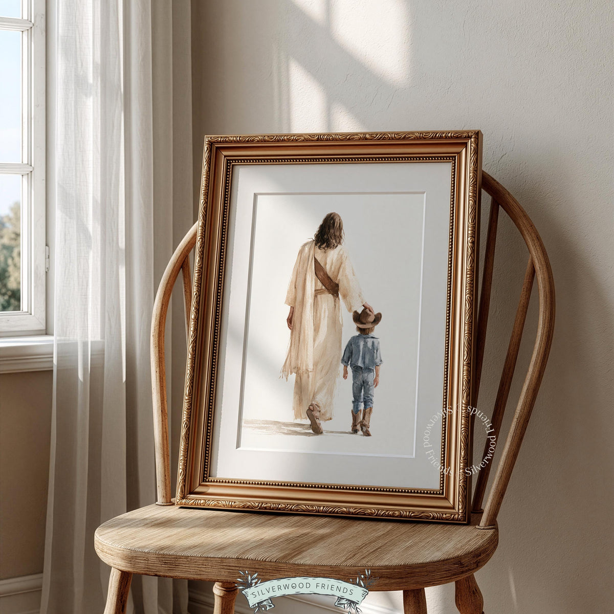 Religious figure and boy printable art for nursery — soft watercolor faith-based western scene with gentle touch