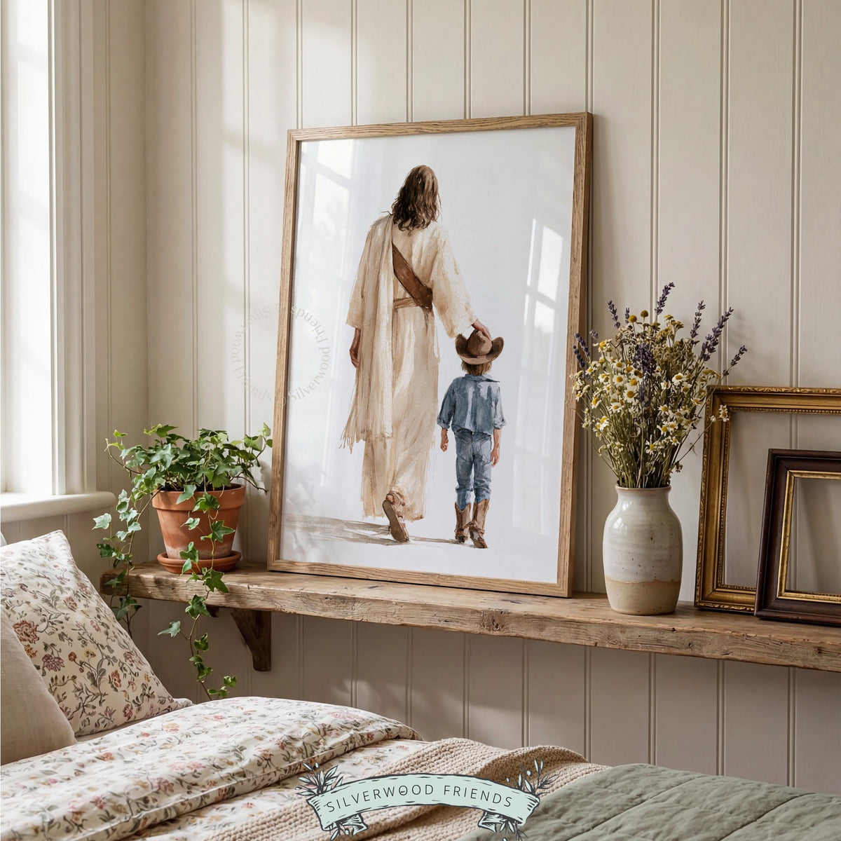 Gentle guidance wall decor for Christian child's room — soft watercolor scene of companionship with ranch aesthetic
