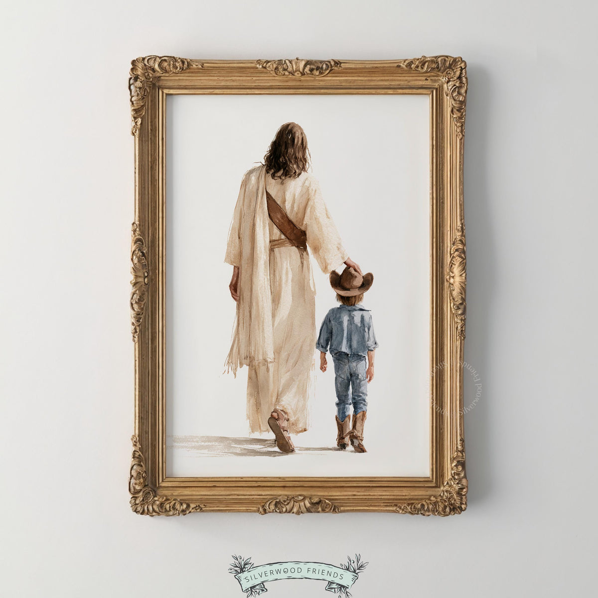 Bible-themed picture for bedroom — watercolor artwork of protective figure beside denim-clad boy with gentle guidance