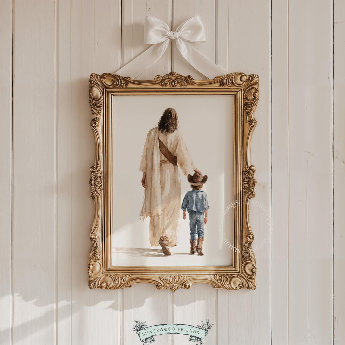 Faith-based wall decor featuring child and spiritual guide — soft airy painting perfect for little cowboy room