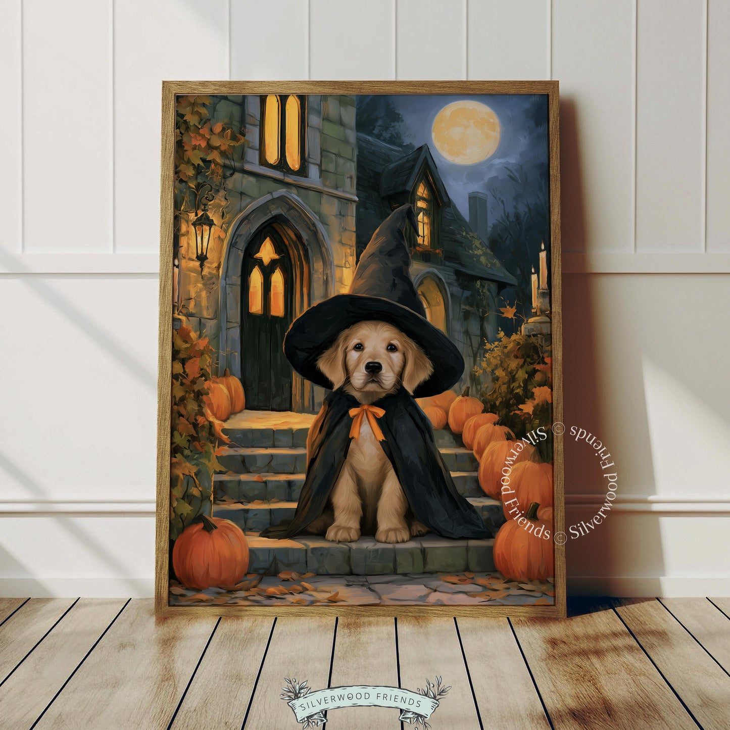Costumed retriever digital picture for fall rooms — vintage aesthetic with glowing elements and atmospheric autumn charm