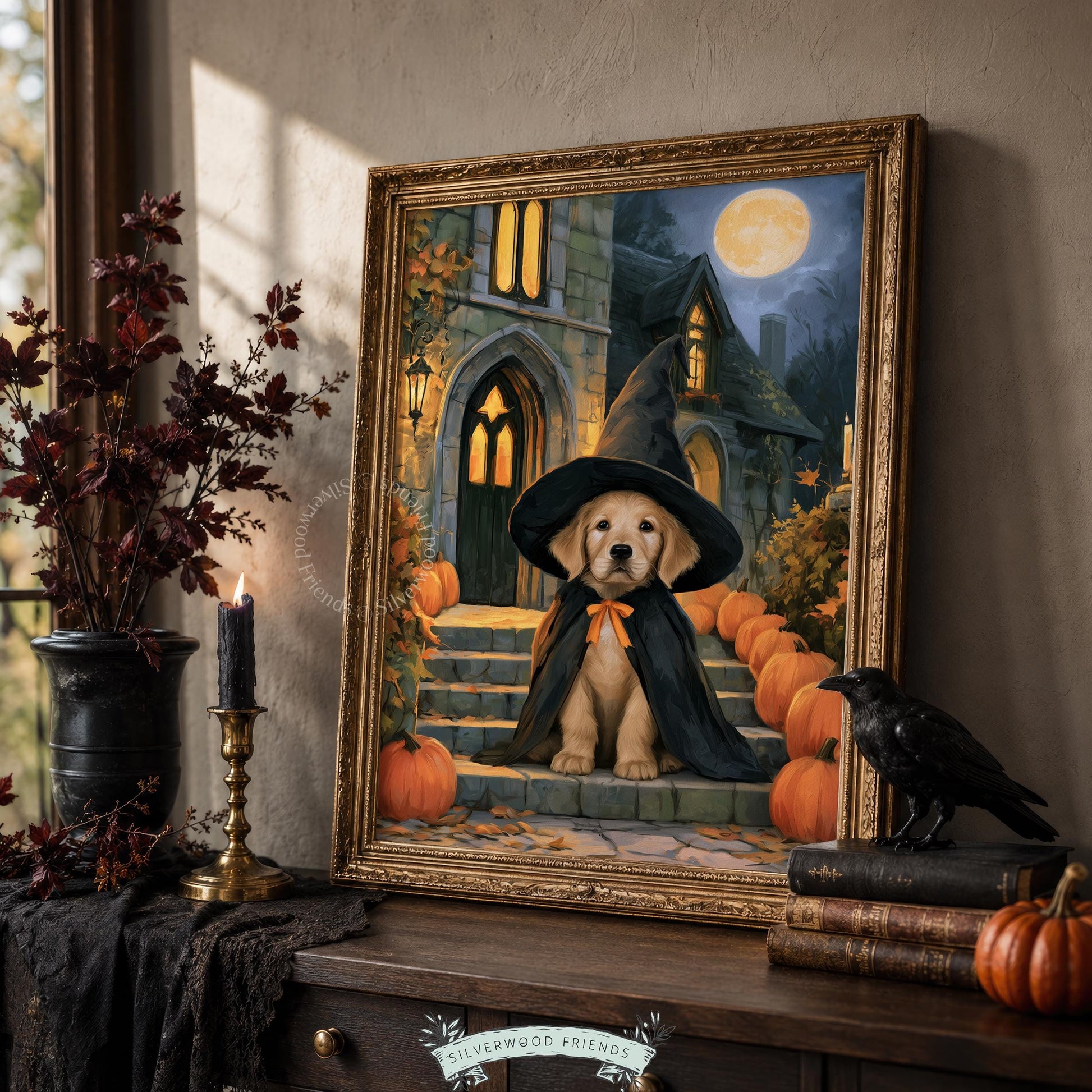 Witchy pup wall print instant download — spooky-cute vintage artwork with haunted manor and celestial night scene