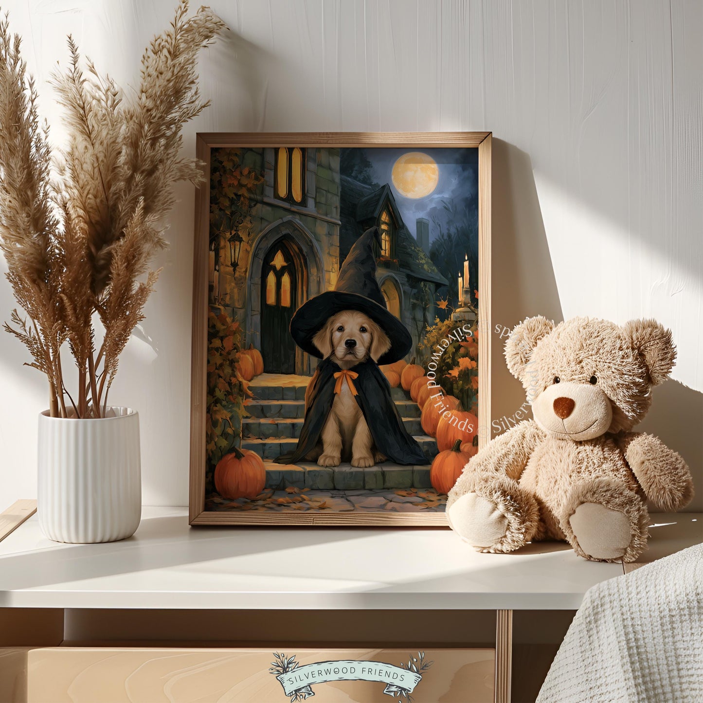 Cute puppy costume poster for autumn decor — moody illustration featuring retriever in black cape and hat ensemble