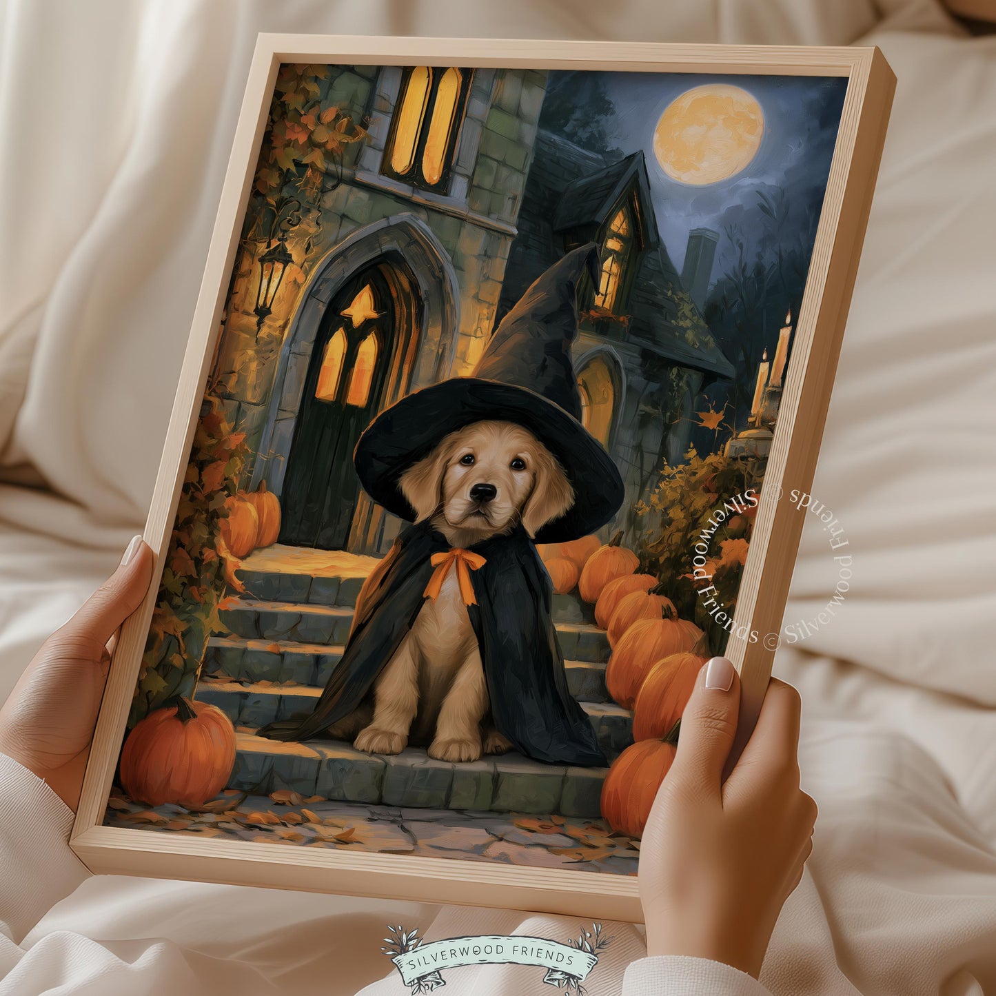 Adorable dog in costume digital print for fall decor — vintage illustration with pumpkins and haunted manor backdrop