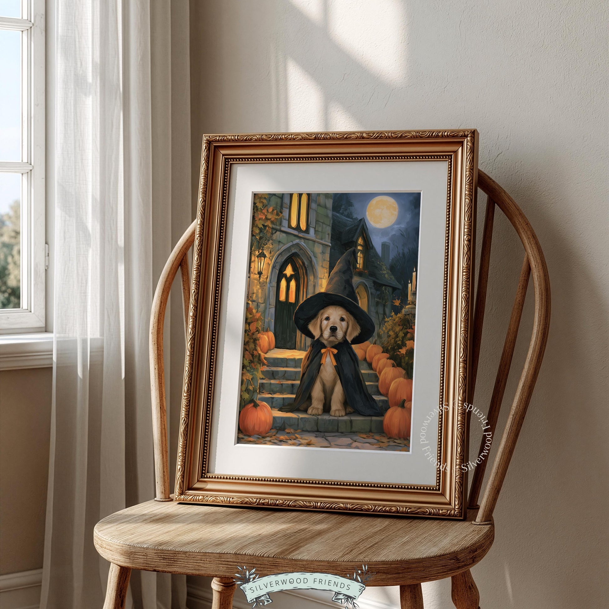 Spooky-cute hound printable poster — moody Halloween illustration of dog in witch costume on candlelit stone steps