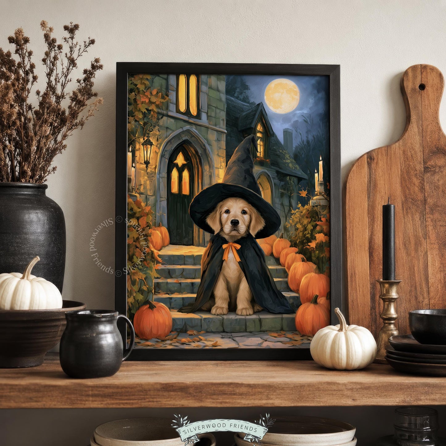 Costumed golden retriever print for seasonal decor — vintage illustration with pumpkins, lanterns, and atmospheric night sky