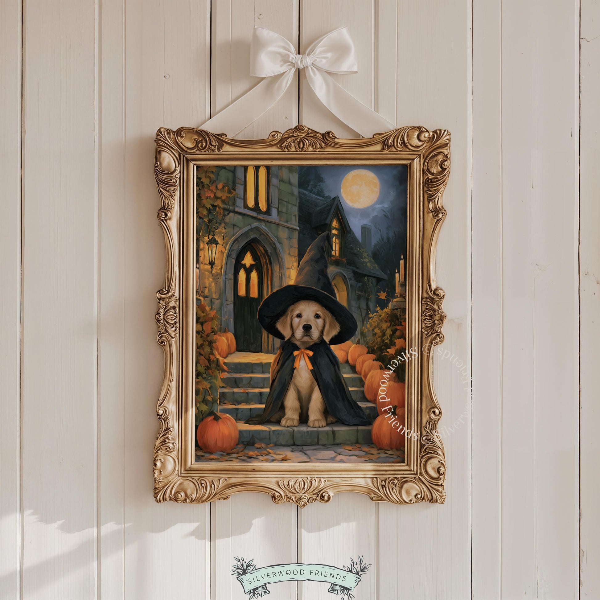 Festive retriever digital print for cozy spaces — richly textured illustration with spooky seasonal elements throughout