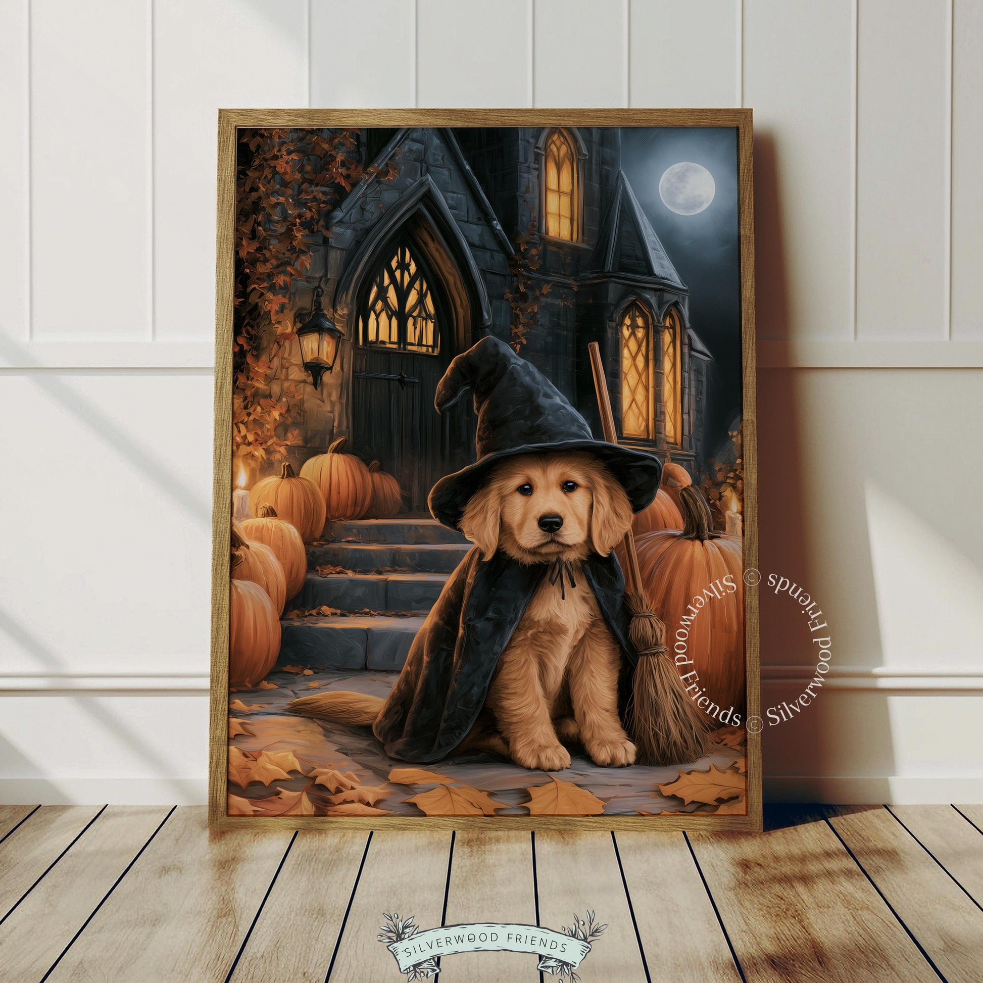 Cozy fall decor picture featuring puppy witch — digital art print with sweet expression, gothic architecture, and moonlit pumpkin patch