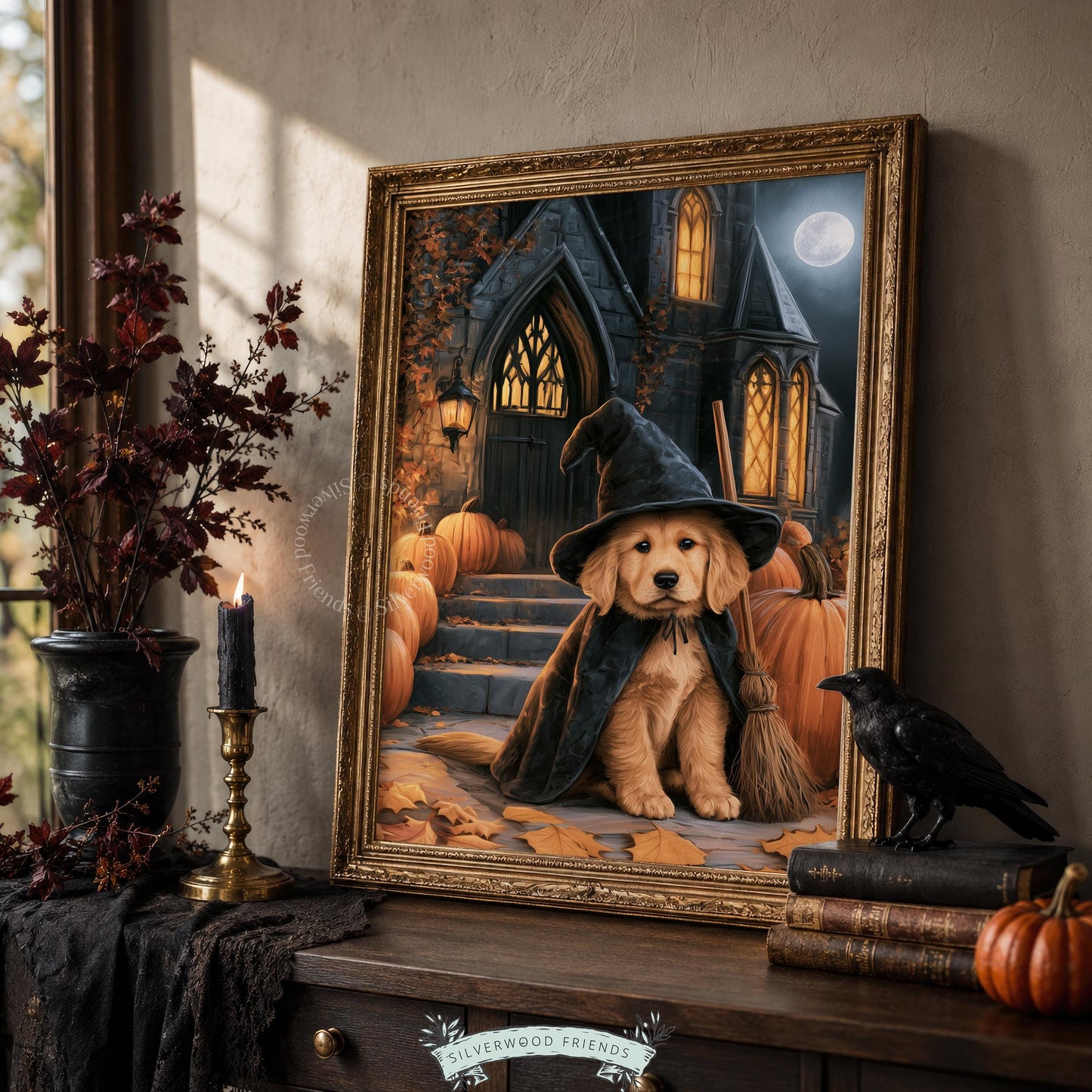 Moody spooky season poster with retriever pup — adorable dog Halloween painting in cape and hat with candlelit arched window details