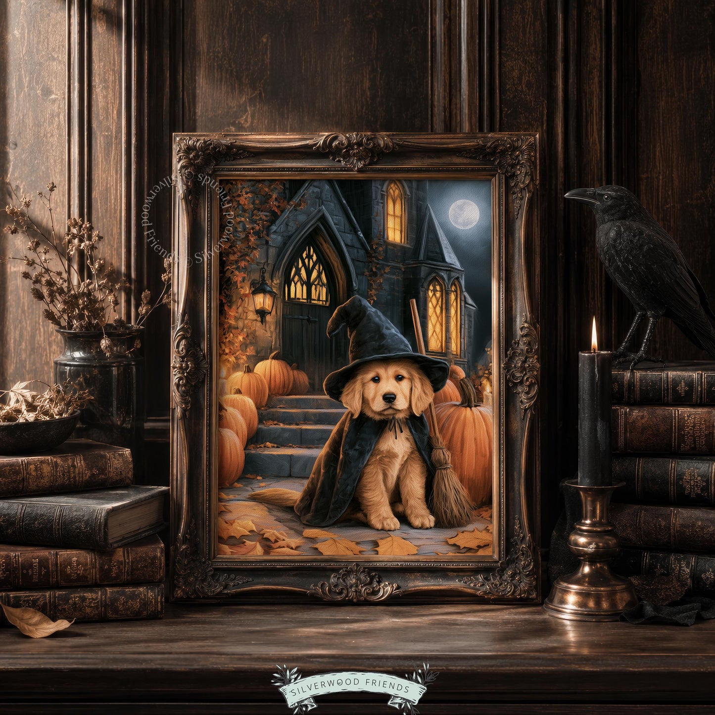Puppy in witch costume wall decor instant download — golden retriever digital painting for fall season with broomstick and autumn vibes