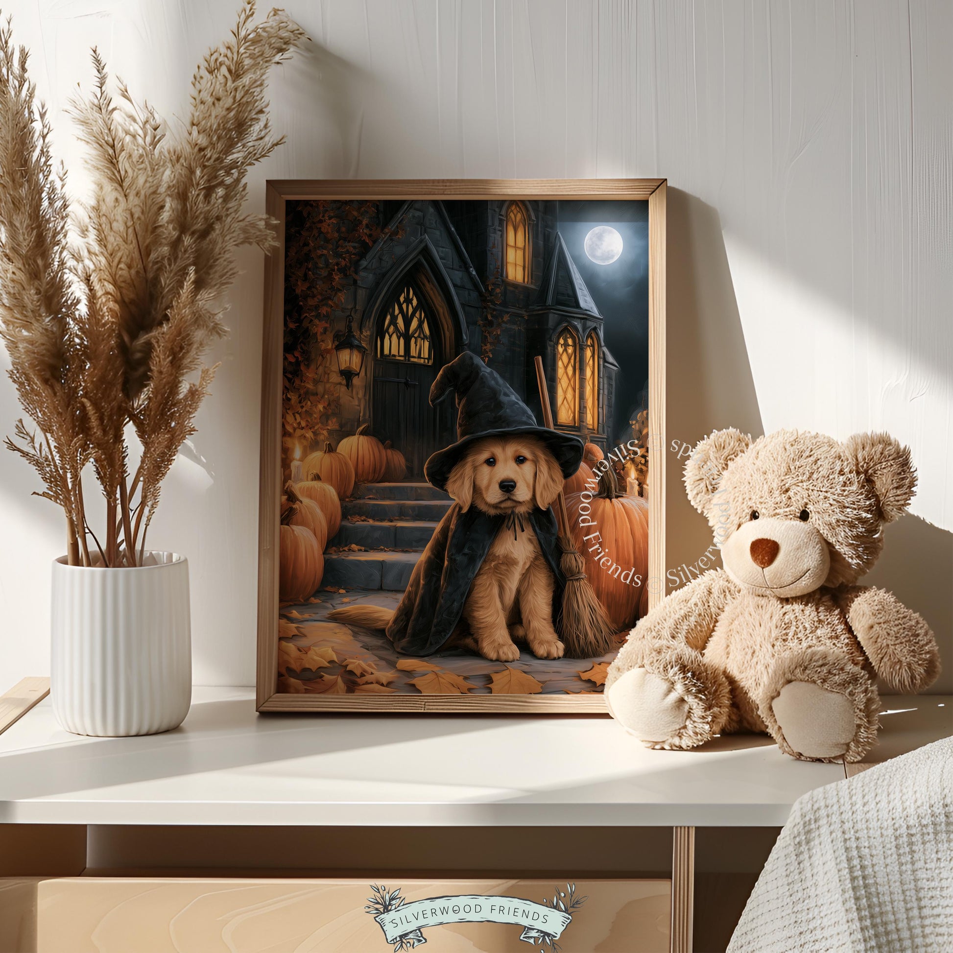 Halloween costume dog printable wall art for kitchen — golden pup in witch attire with autumn leaves and stone cottage background