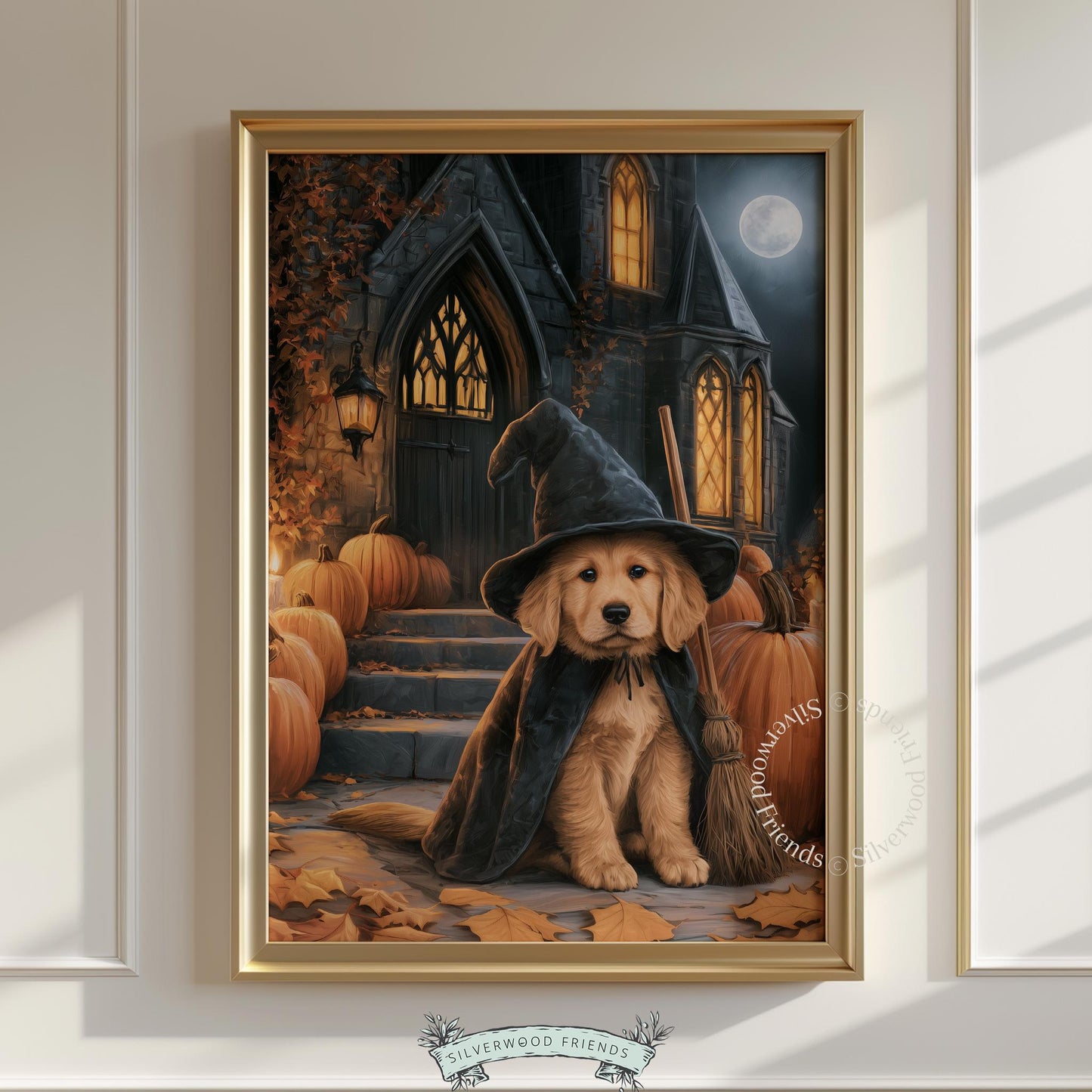 Golden retriever puppy in witch hat printable art for Halloween — spooky-cute digital painting with warm candlelit glow