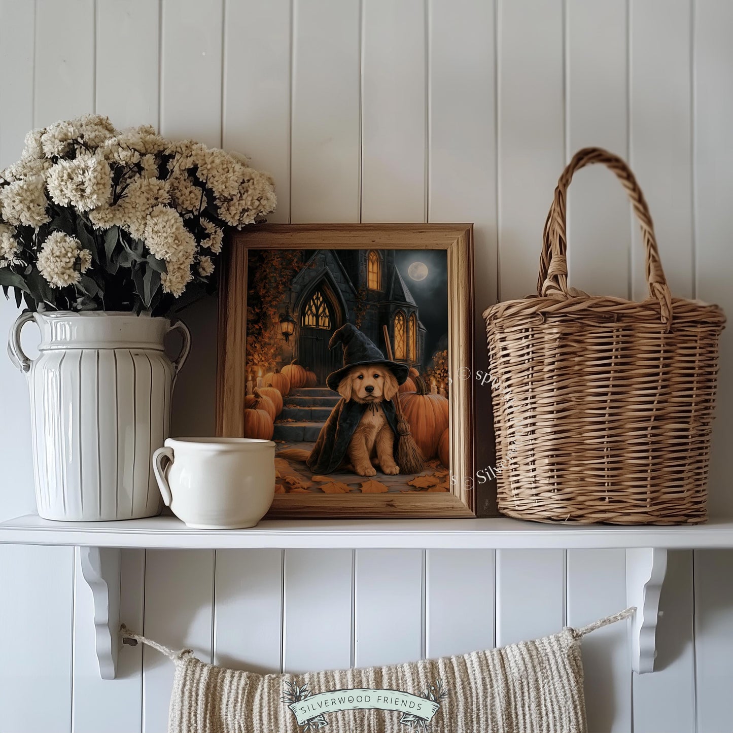 Cozy spooky season picture for living room — golden retriever puppy digital print with lantern light and moonlit cottage aesthetic