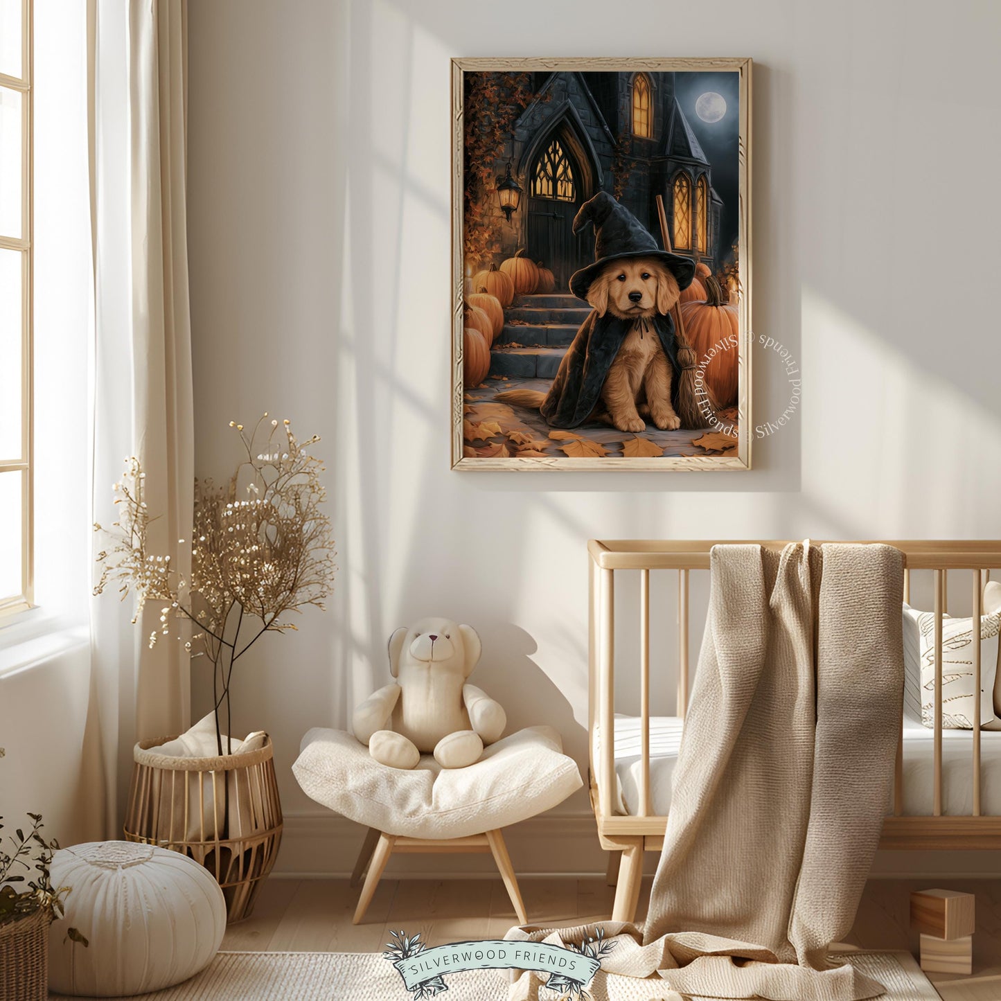 Fall season wall picture with puppy witch — rustic cottage aesthetic painting showing adorable retriever in black costume with pumpkins
