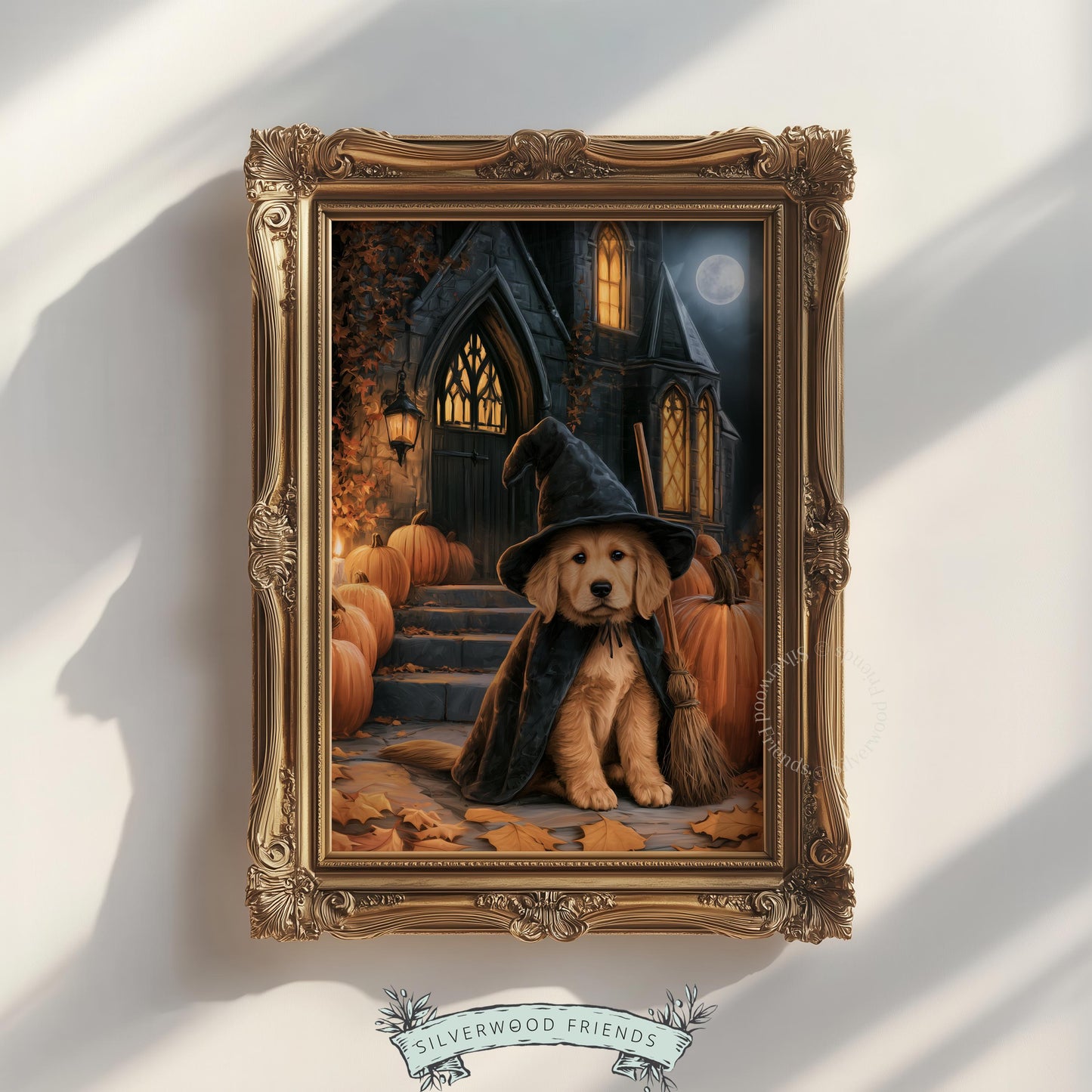 Spooky-cute dog portrait poster for bedroom — golden retriever pup dressed as witch with broomstick and jack-o'-lanterns on steps