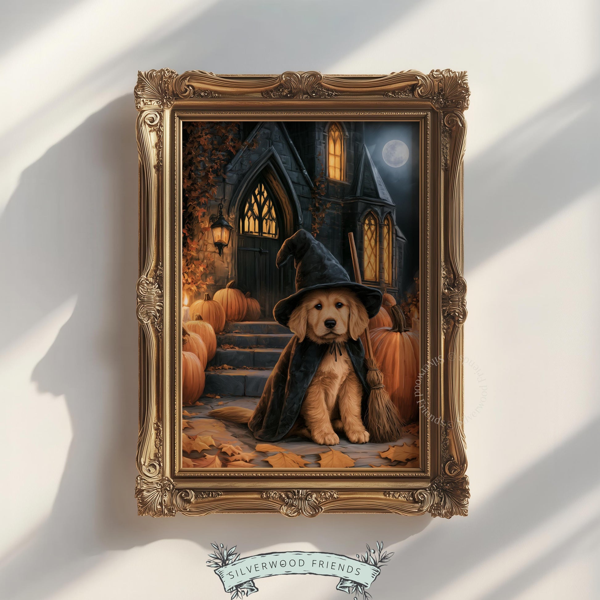 Spooky-cute dog portrait poster for bedroom — golden retriever pup dressed as witch with broomstick and jack-o'-lanterns on steps