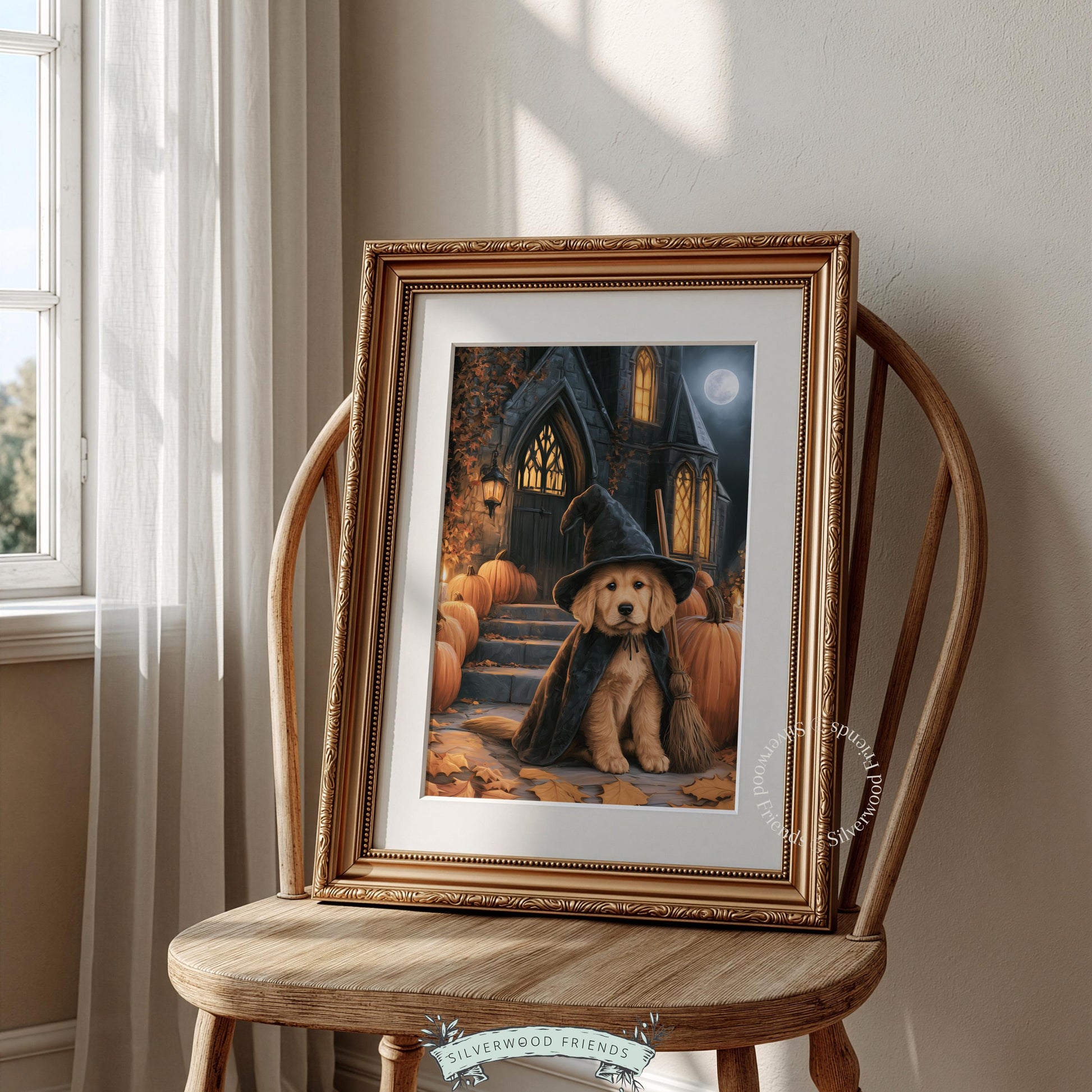 Fall hosting wall decor with puppy in witch outfit — moody digital painting featuring sweet-eyed retriever and glowing arched windows