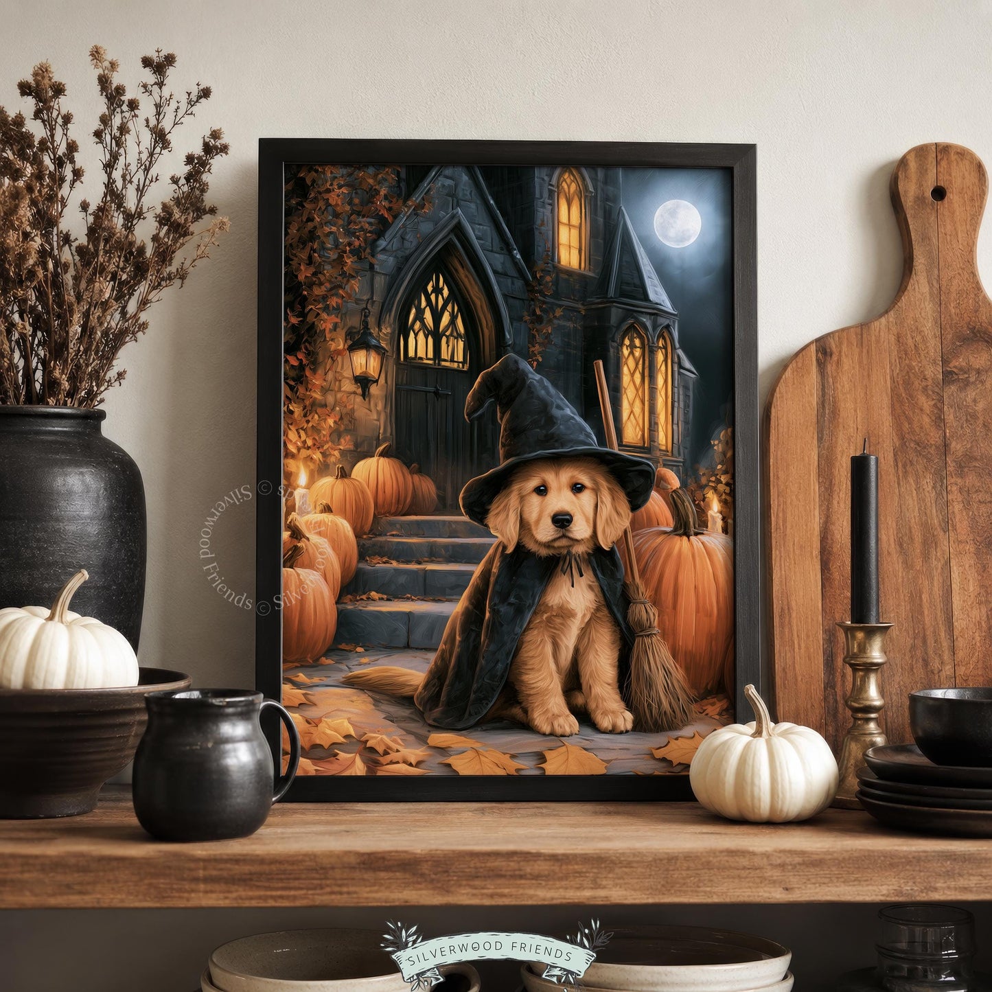 Puppy witch costume poster for fall décor — adorable golden retriever artwork with gothic stone building and full moon backdrop