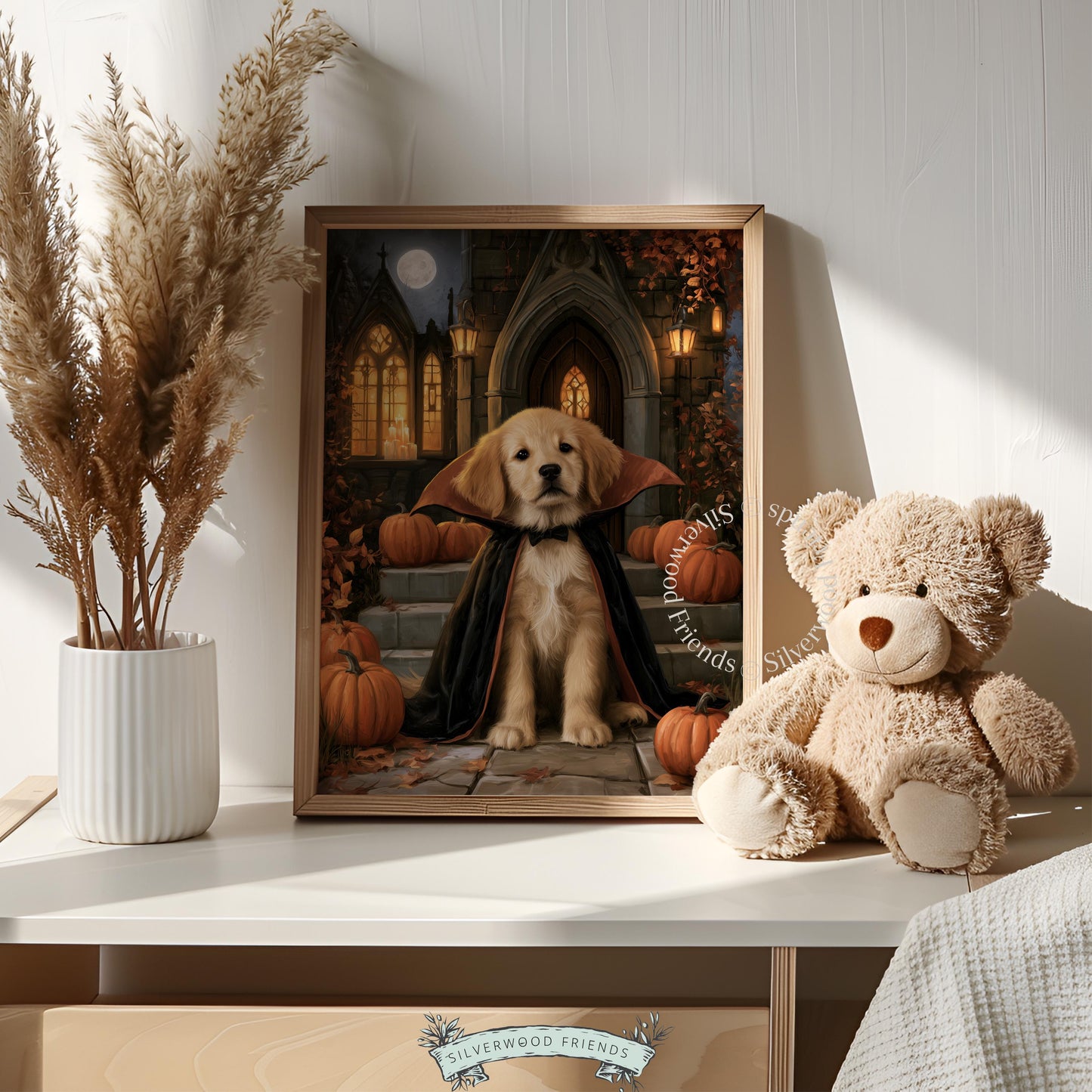 Golden retriever in vampire costume digital picture for entryway — dark academia Halloween mood