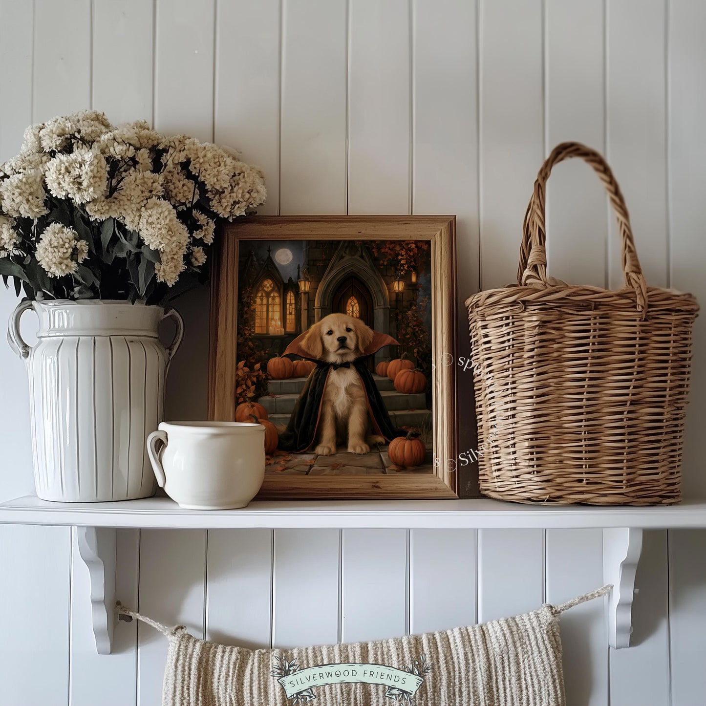 Golden dog vampire digital wall print for festive decorating — moody seasonal autumn piece