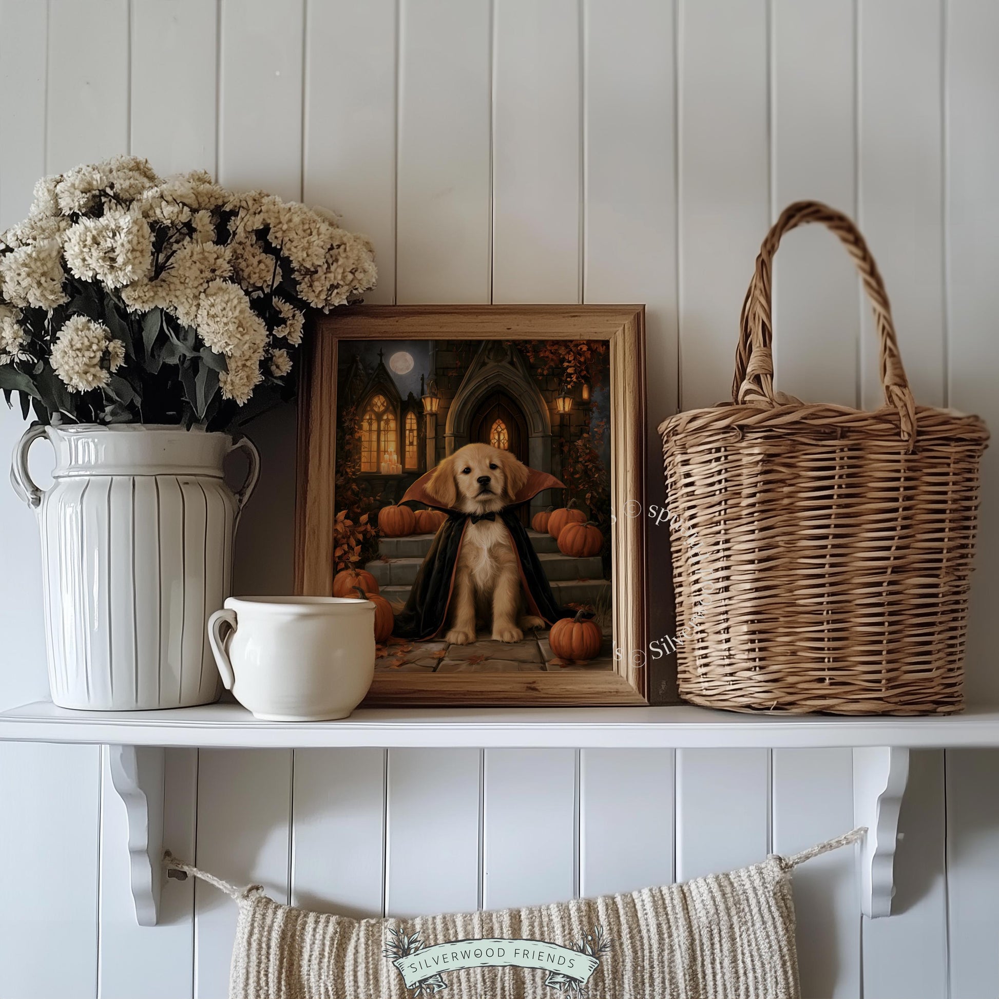 Golden dog vampire digital wall print for festive decorating — moody seasonal autumn piece